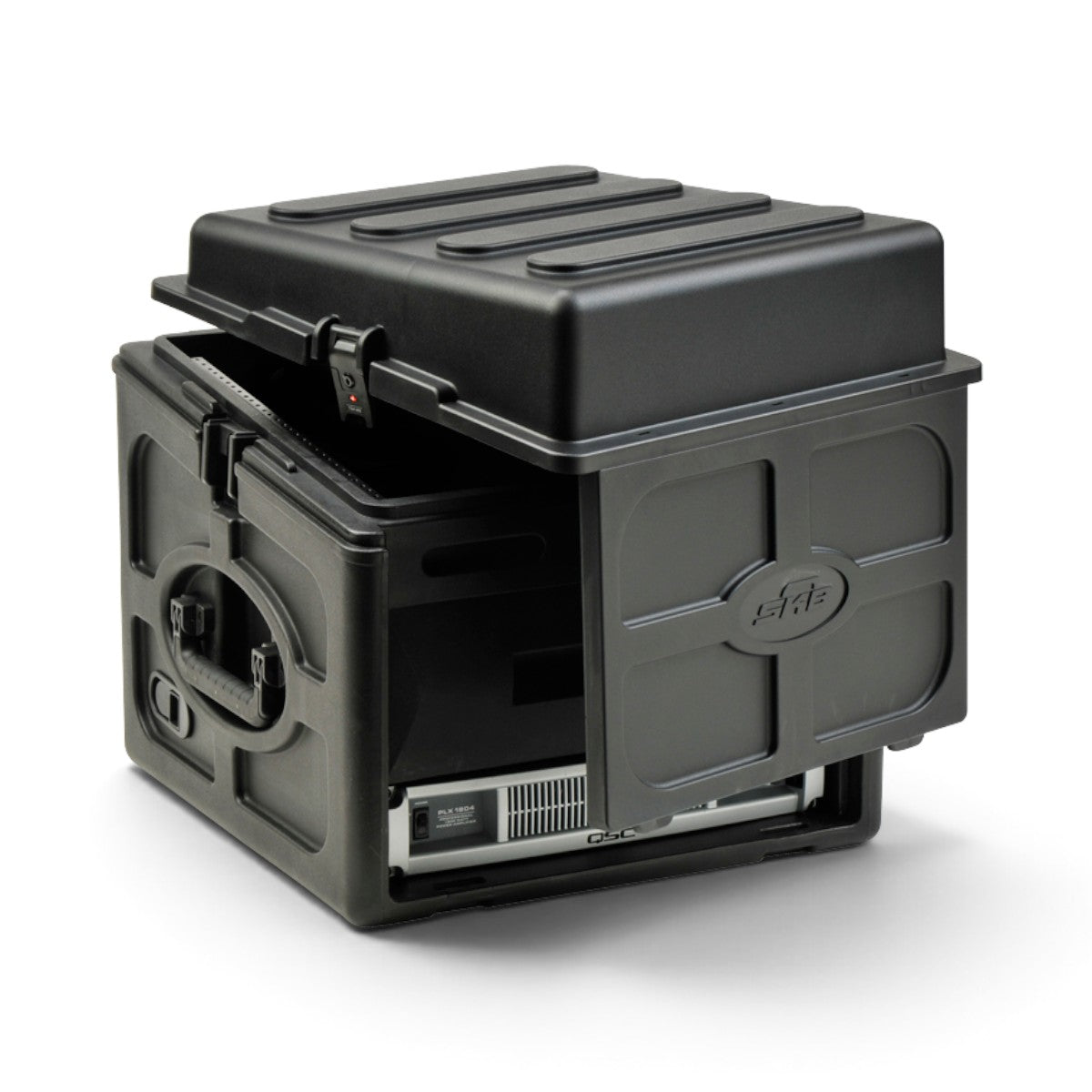 SKB Cases 10U slanted top and 6U front rack case in black with TSA locking latches and side cable access ports.