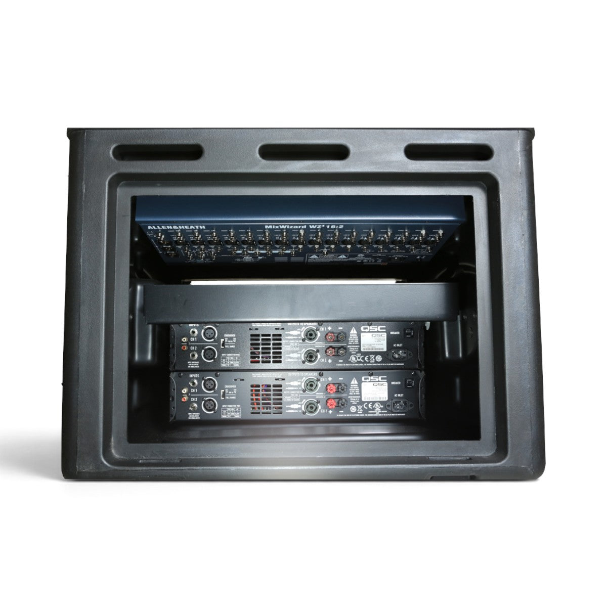 SKB Cases 10U slanted top and 6U front rack case in black roto-molded polyethylene with mounted audio equipment