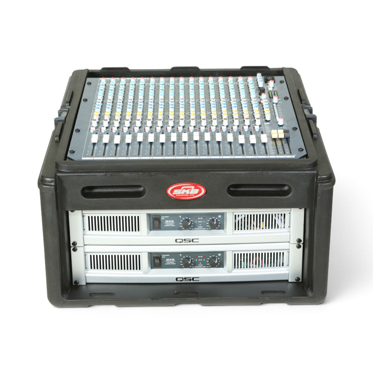 SKB Cases 10U slanted top and 4U front compact rack case housing audio mixing console and two QSC power amplifiers.