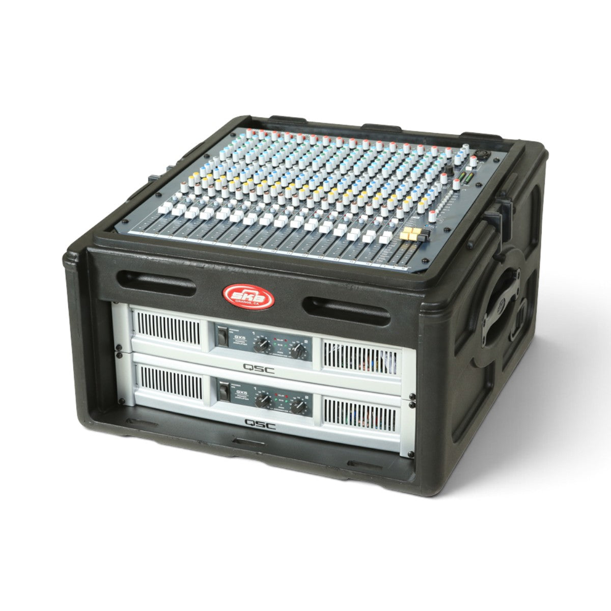 SKB Cases 10U slanted top and 4U front rack case in black with mounted audio equipment and TSA locking latches.