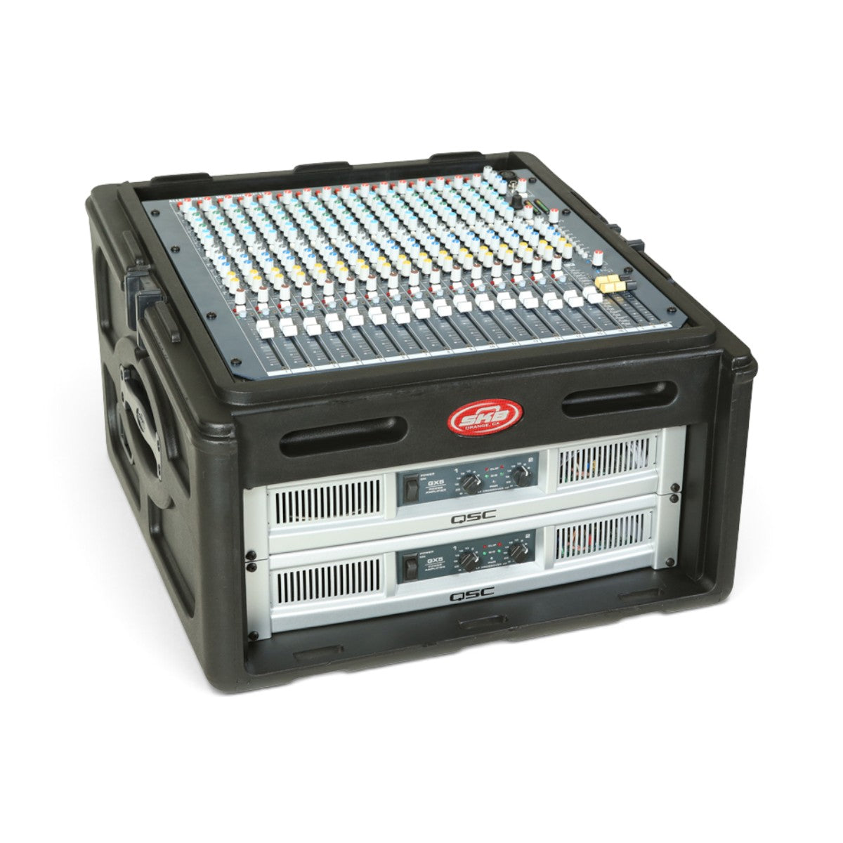 SKB Cases 10U slanted top and 4U front rack case in black, featuring mounted audio equipment and TSA locking latches.