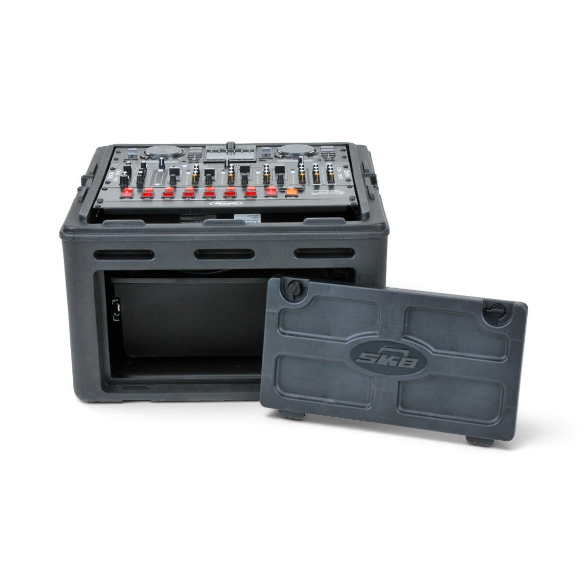 SKB Cases 10U slanted top and 4U front rack case in black with a removable hard door and mounted audio equipment.