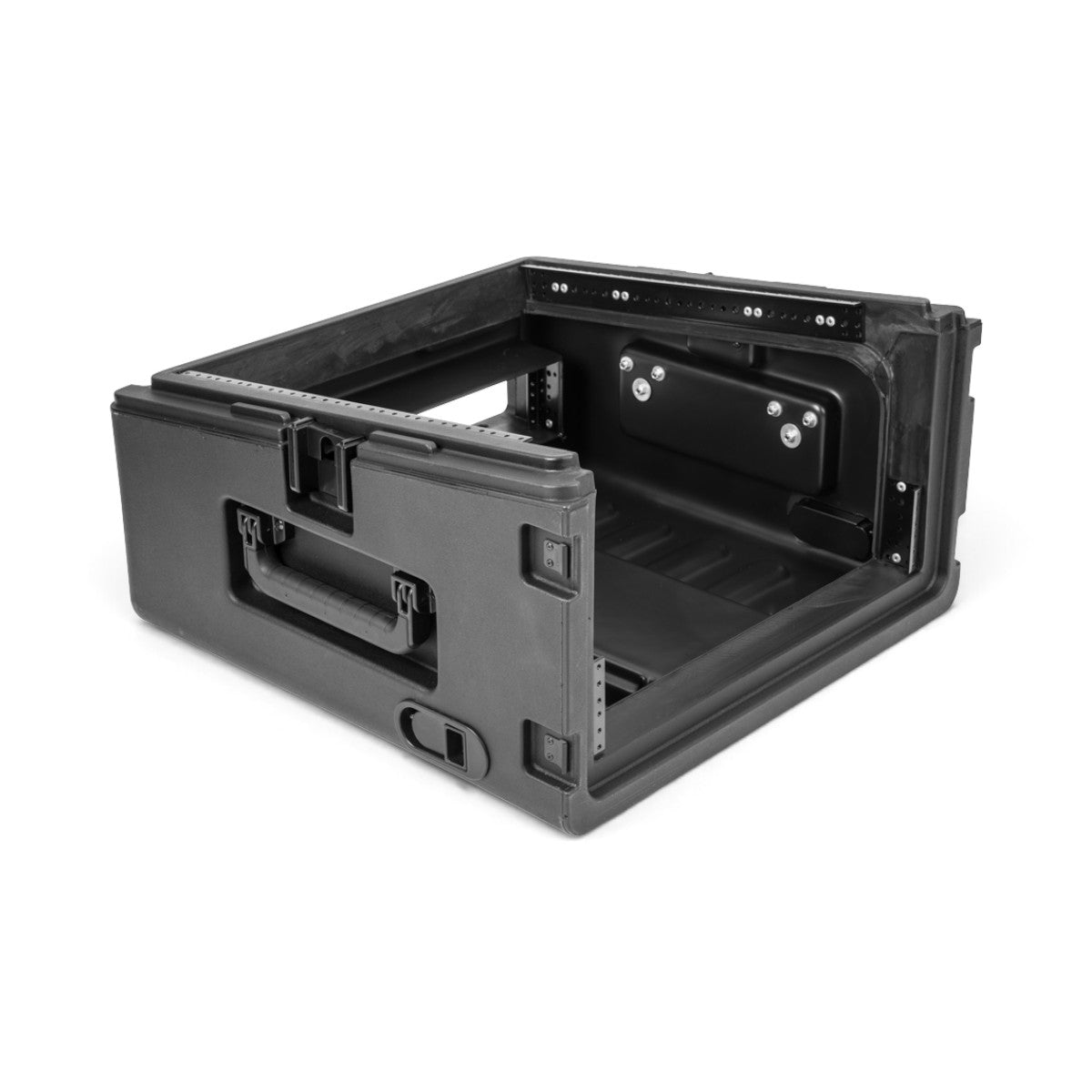 SKB Cases 10U top and 2U front rack rolling rig in black injection-molded plastic with TSA-approved locking latches.