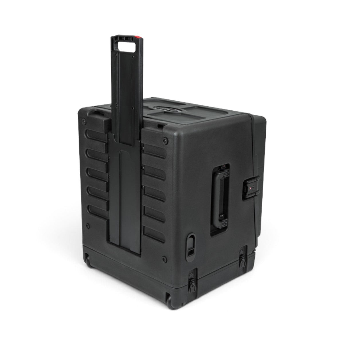 SKB Cases 10x6 compact rolling rack case in black with an extended pull handle and side carry handle