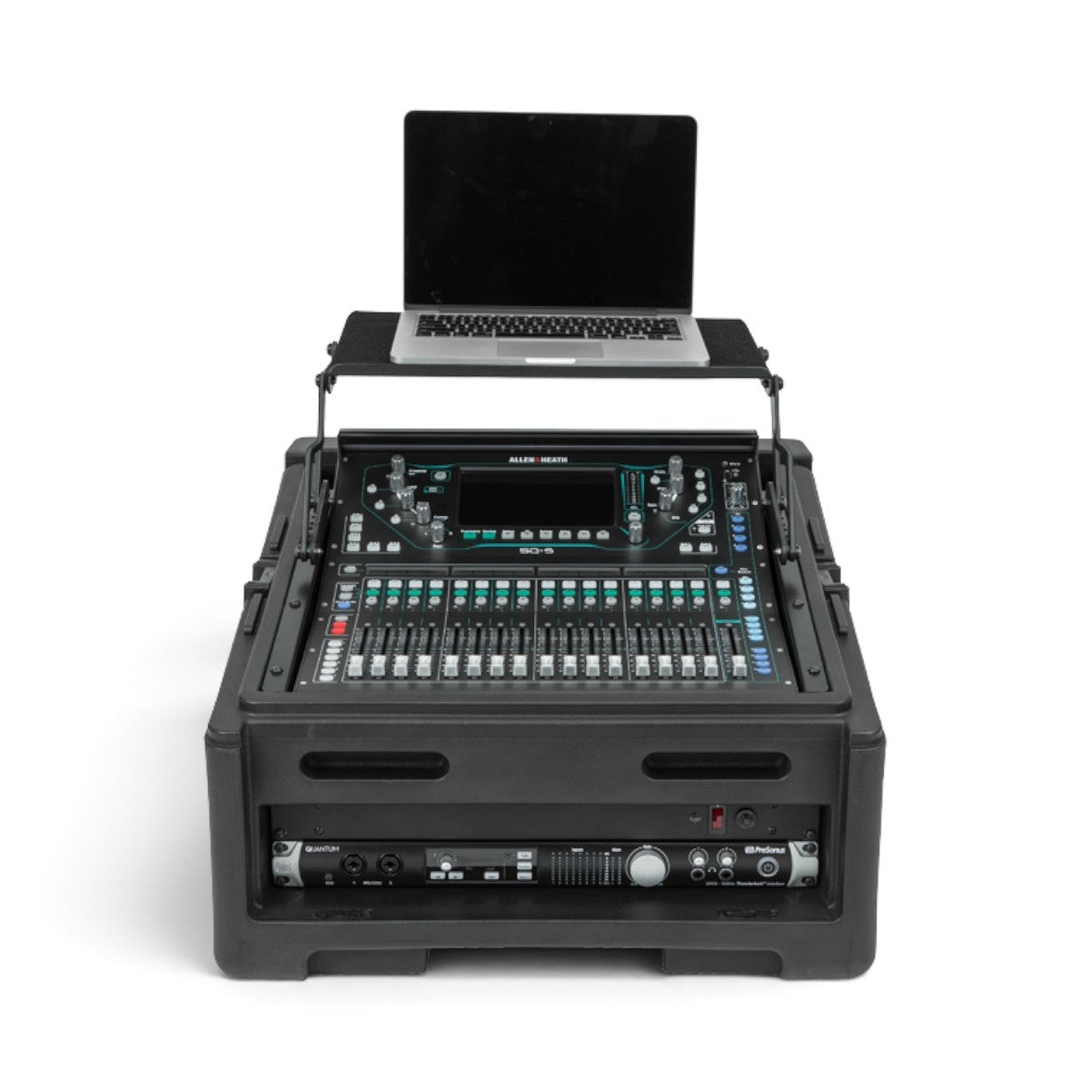 SKB Cases 10x2 compact rolling rack rig with a digital audio mixer and laptop stand on a white background