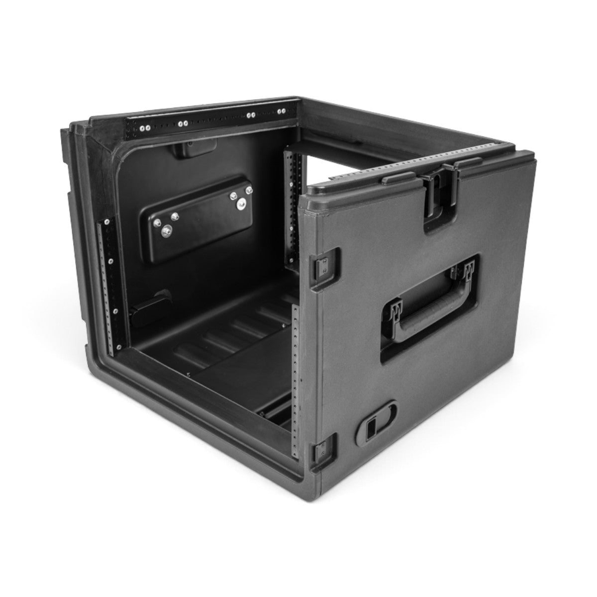 SKB Cases 10U top and 6U front rack rolling rig in black injection-molded plastic with TSA-accessible locking latches