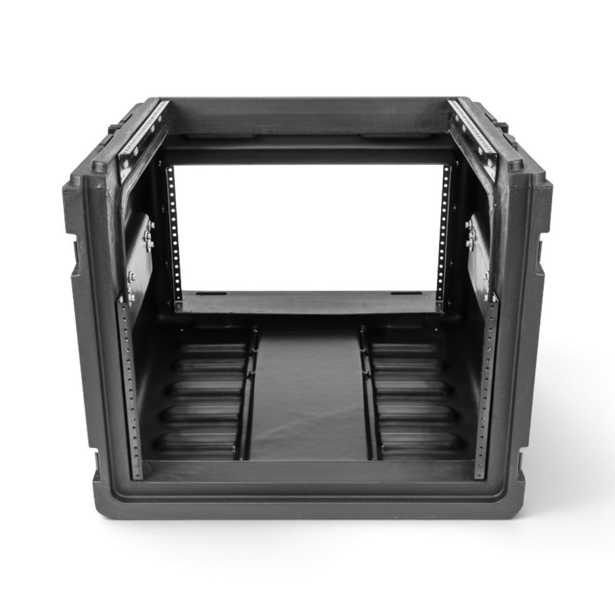 SKB Cases 10U top and 6U front rack rolling rig in black injection-molded plastic with metal rack rails.