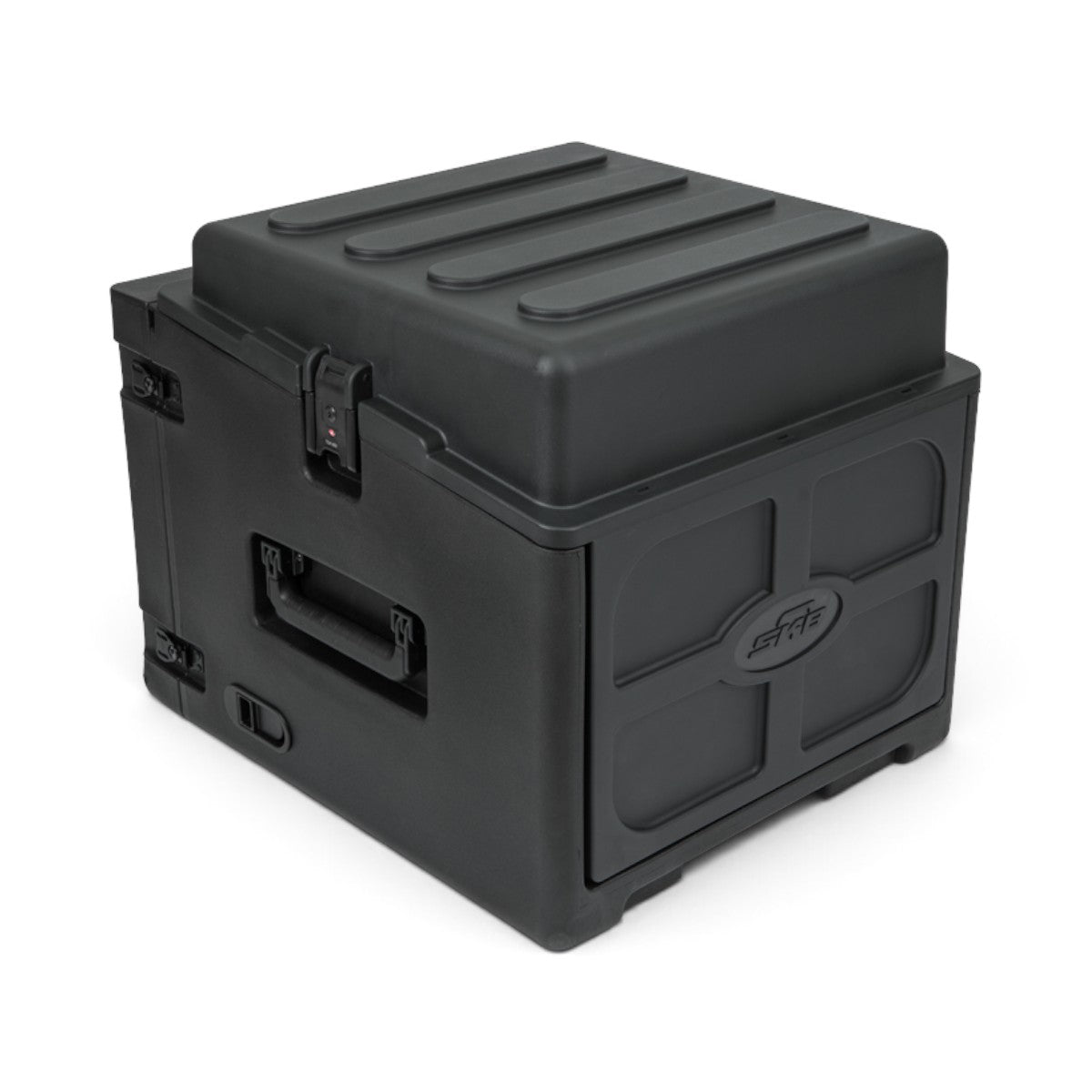 SKB Cases 10U top and 6U front rolling compact rack rig in black with TSA-accessible locking latches.