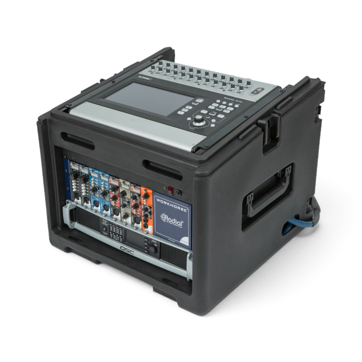 SKB Cases 10x6 compact rolling rack rig with installed audio equipment and TSA-approved locking latches
