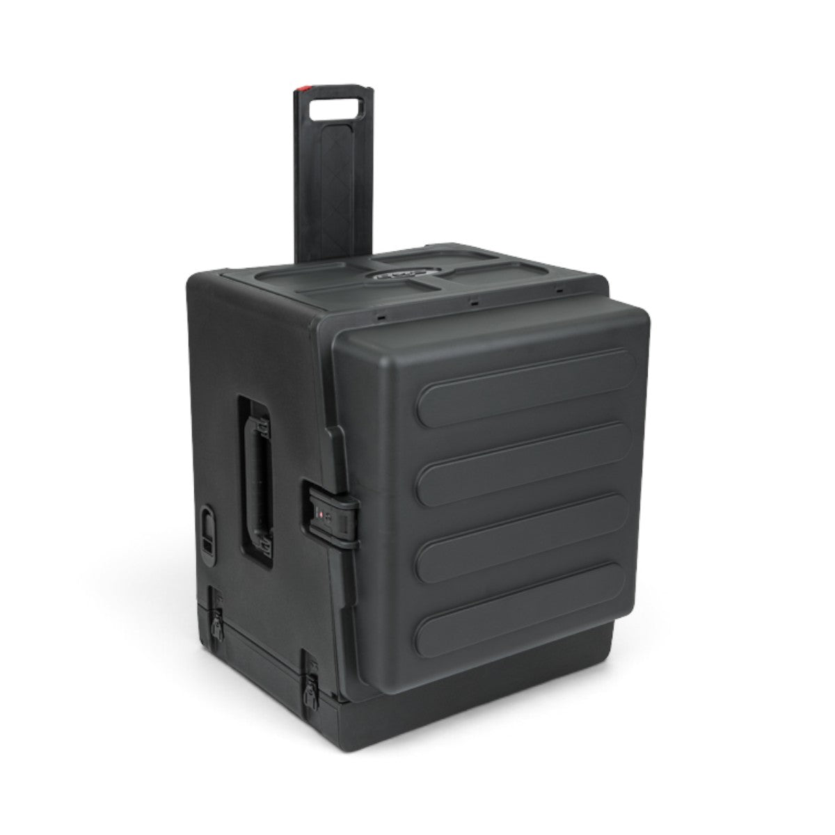 SKB Cases 10U top and 6U front and rear rolling rack rig in black with pull handle and TSA locking latches.