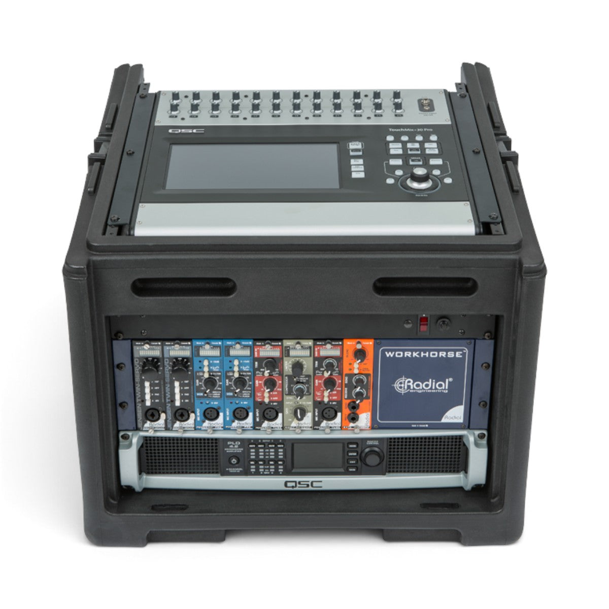 SKB Cases 10x6 compact rolling rack rig with a black injection-molded exterior, TSA-locking latches, and audio gear.