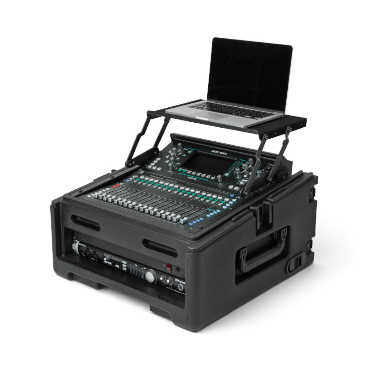 SKB Cases 10 x 2 Compact Rolling Rig with a digital audio mixer and laptop stand mounted on top
