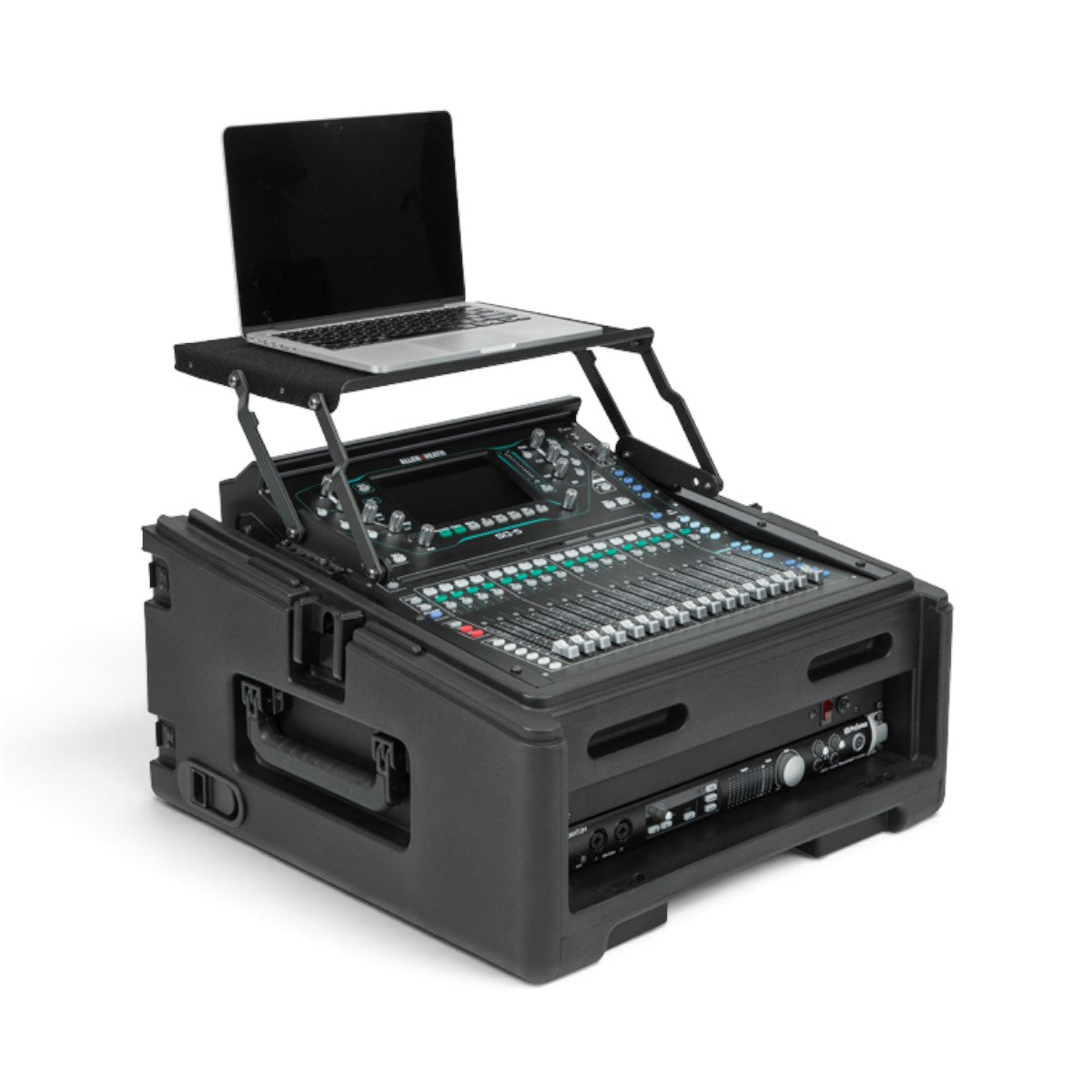 SKB Cases 10x2 compact rolling rig with a black audio mixer and laptop stand mounted on top