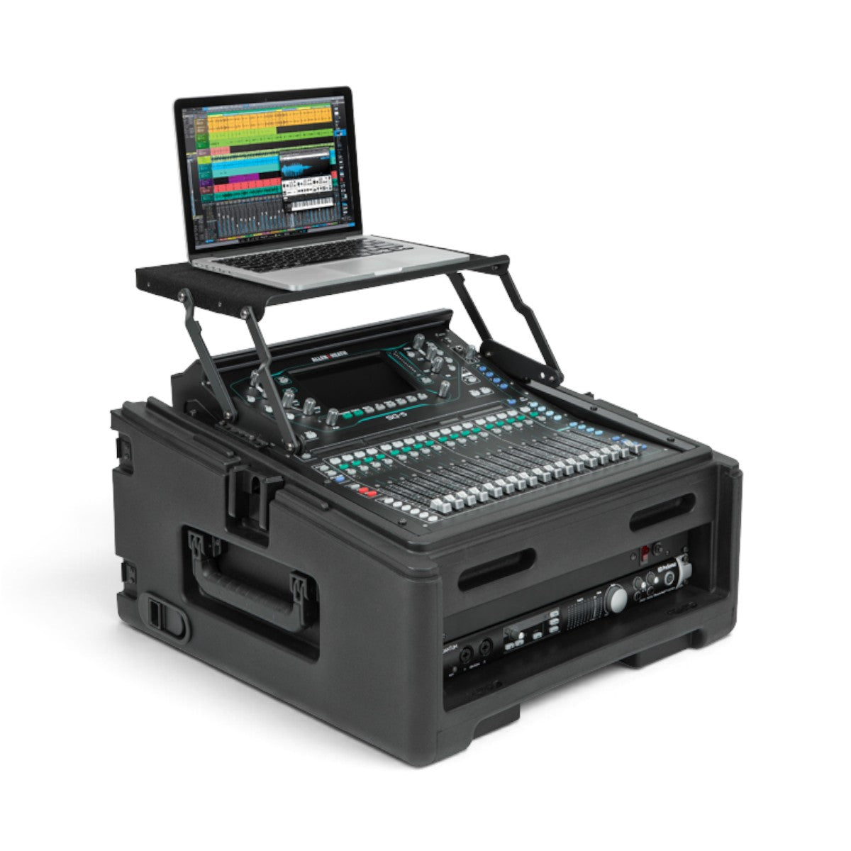 SKB Cases 10x2 Compact Rolling Rig with a laptop stand, audio mixer, and rack equipment in a black protective case.