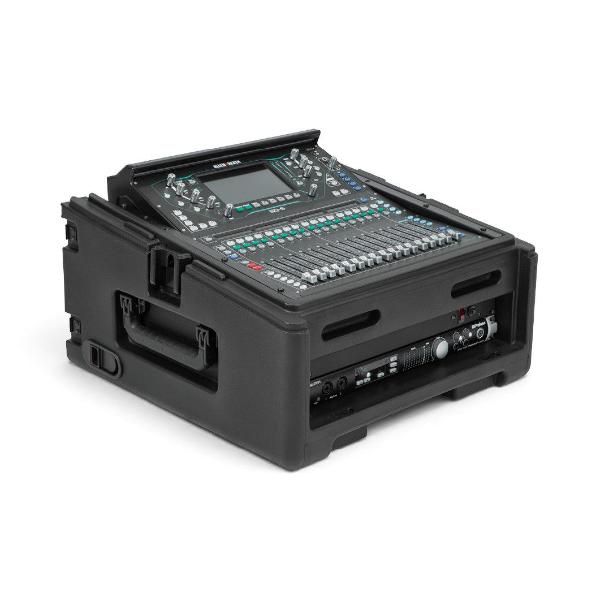 SKB Cases 10x2 compact rolling rig with audio mixer mounted in a black injection-molded rack case