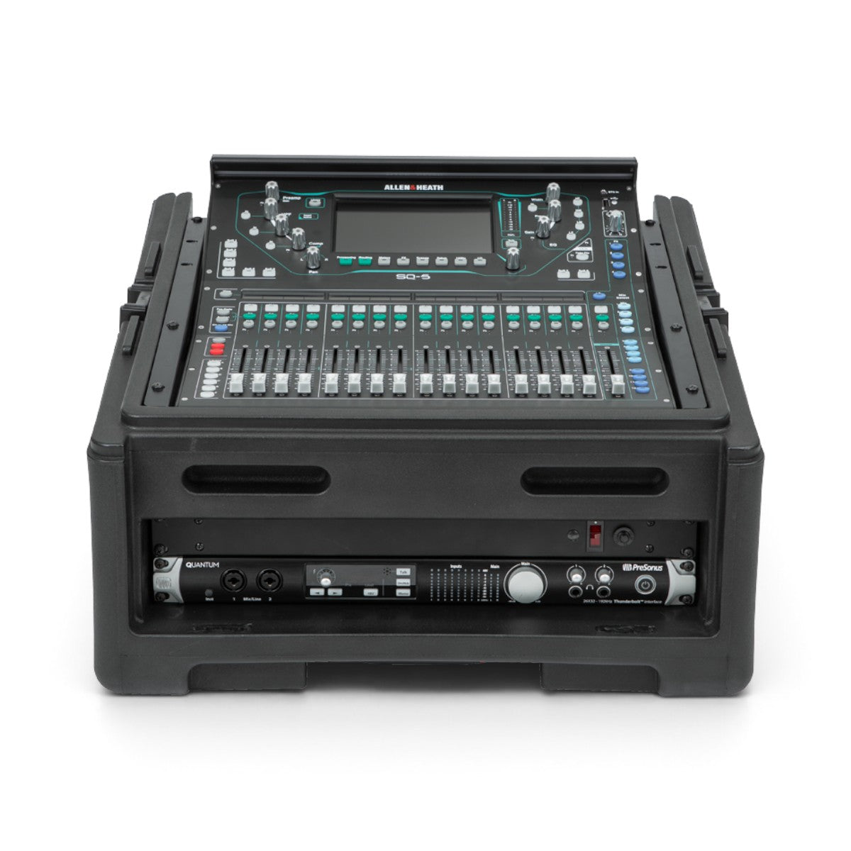 SKB Cases 10x2 compact rolling rig with a top-mounted audio mixer and front-facing rack-mounted interface