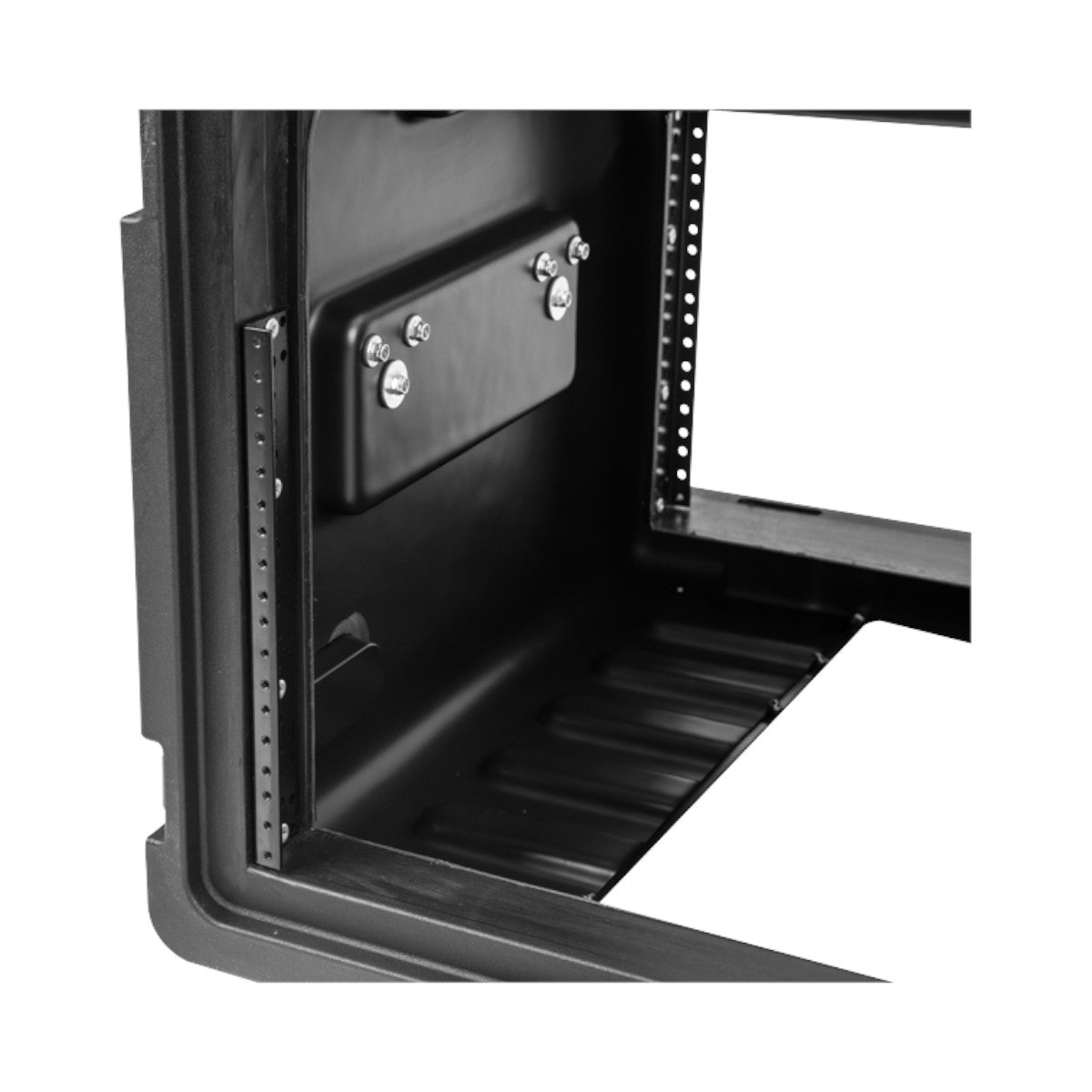 SKB Cases 10x6 compact rolling rig interior showing black injection-molded frame with metal rack rails