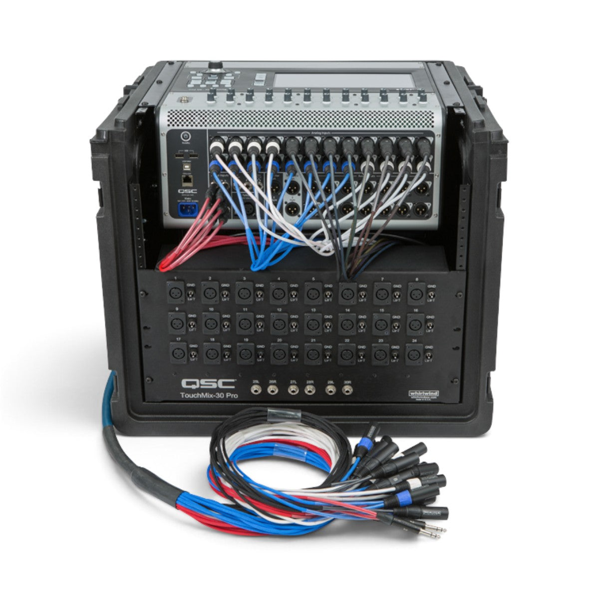 SKB Cases 10U top and 6U front rolling rack rig loaded with a QSC TouchMix-30 Pro digital mixer and audio cables.