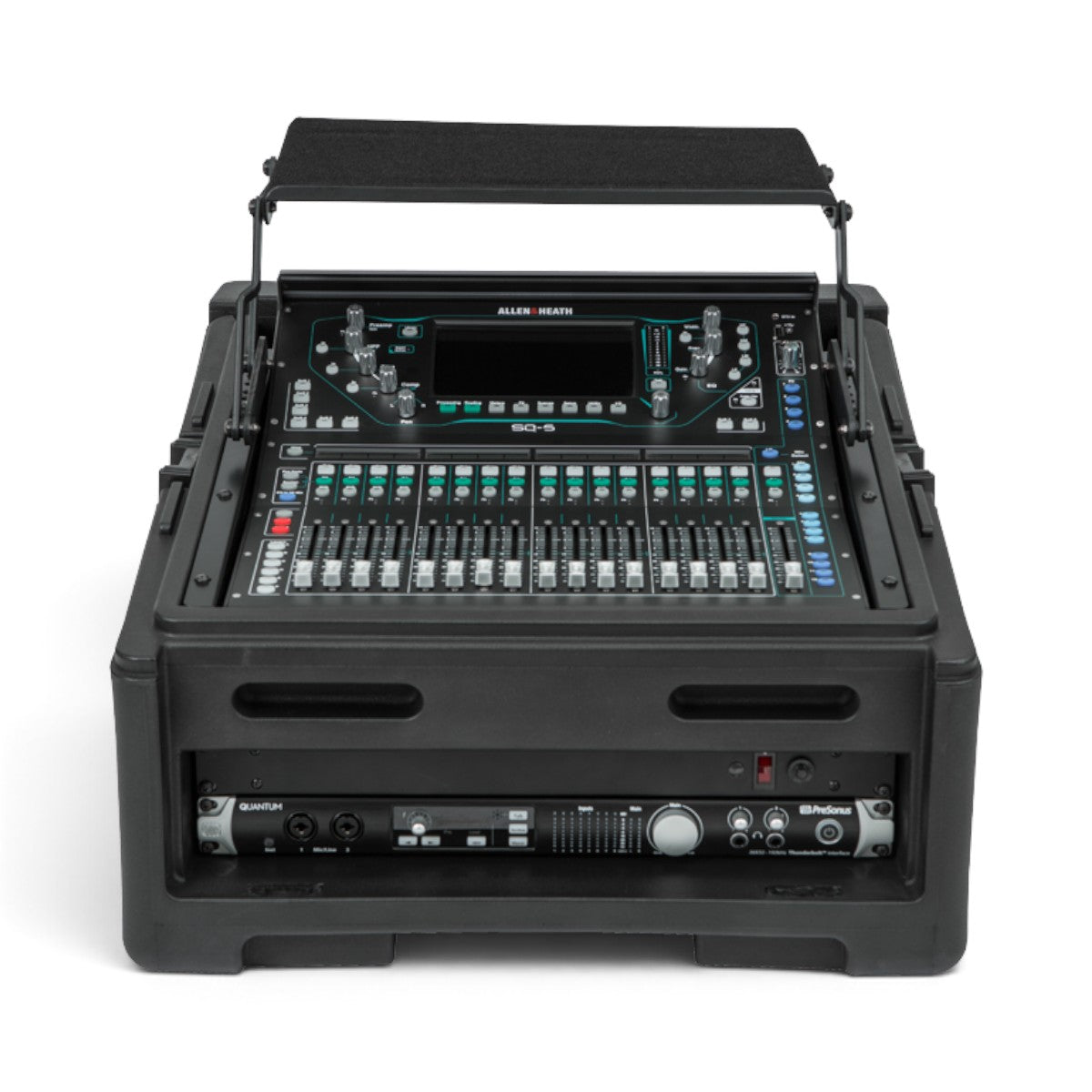 SKB Cases 10x2 Compact Rolling Rig with an Allen & Heath mixer and PreSonus interface mounted in a black rack case.