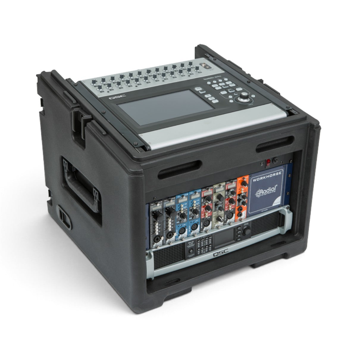 SKB Cases 10x6 compact rolling rig with mounted audio equipment, featuring TSA-locking latches and durable black shell.