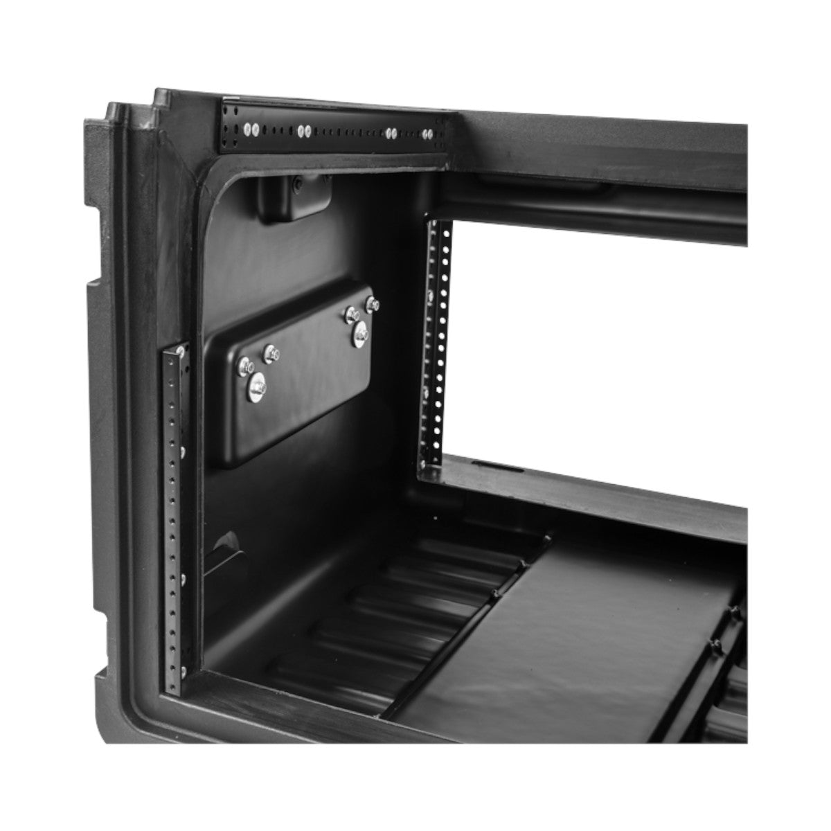SKB Cases 10U top and 6U front rack rail system in a durable black injection-molded compact rolling rig case.
