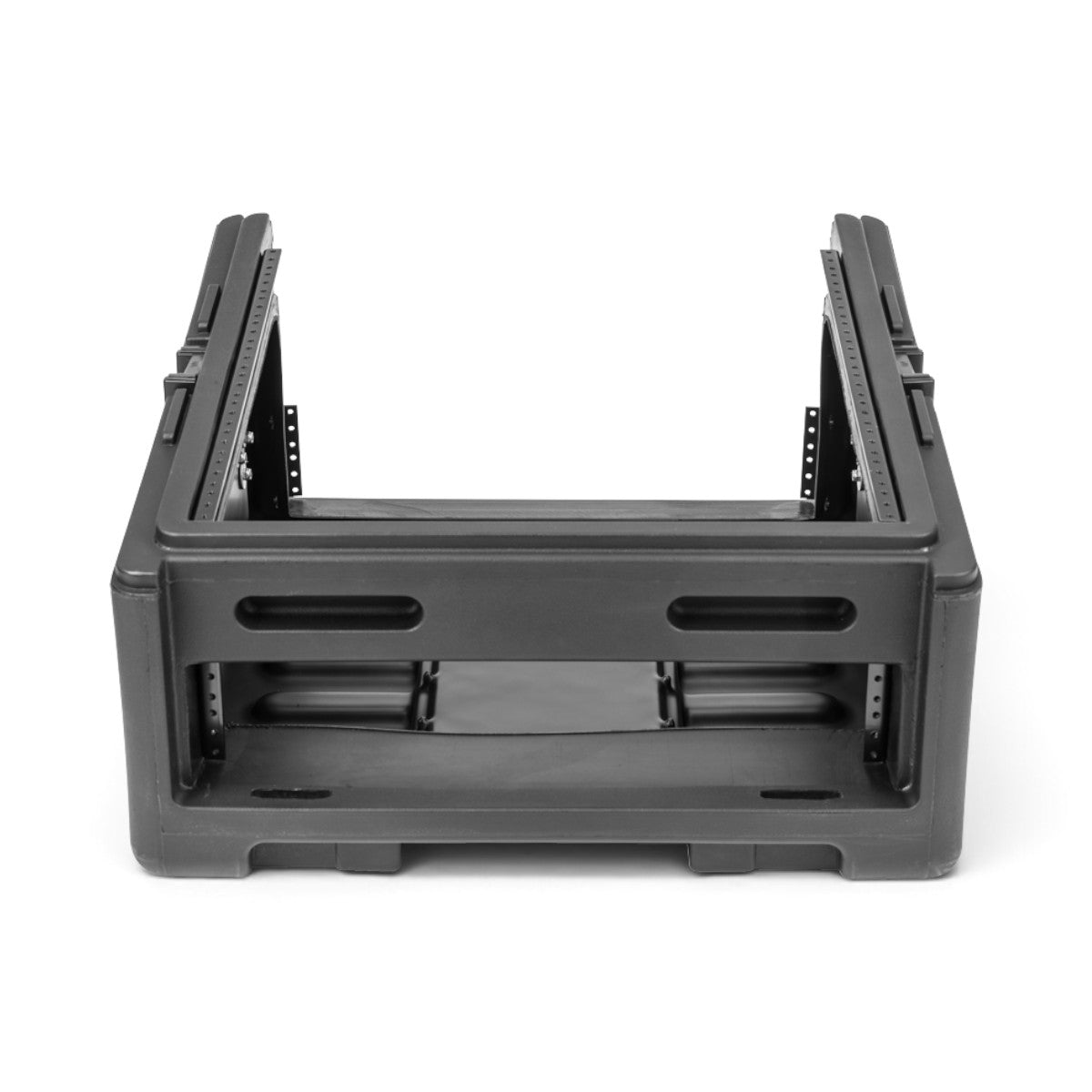 SKB Cases 10x2 compact rolling rig with black injection-molded frame and rack rails for secure equipment transport