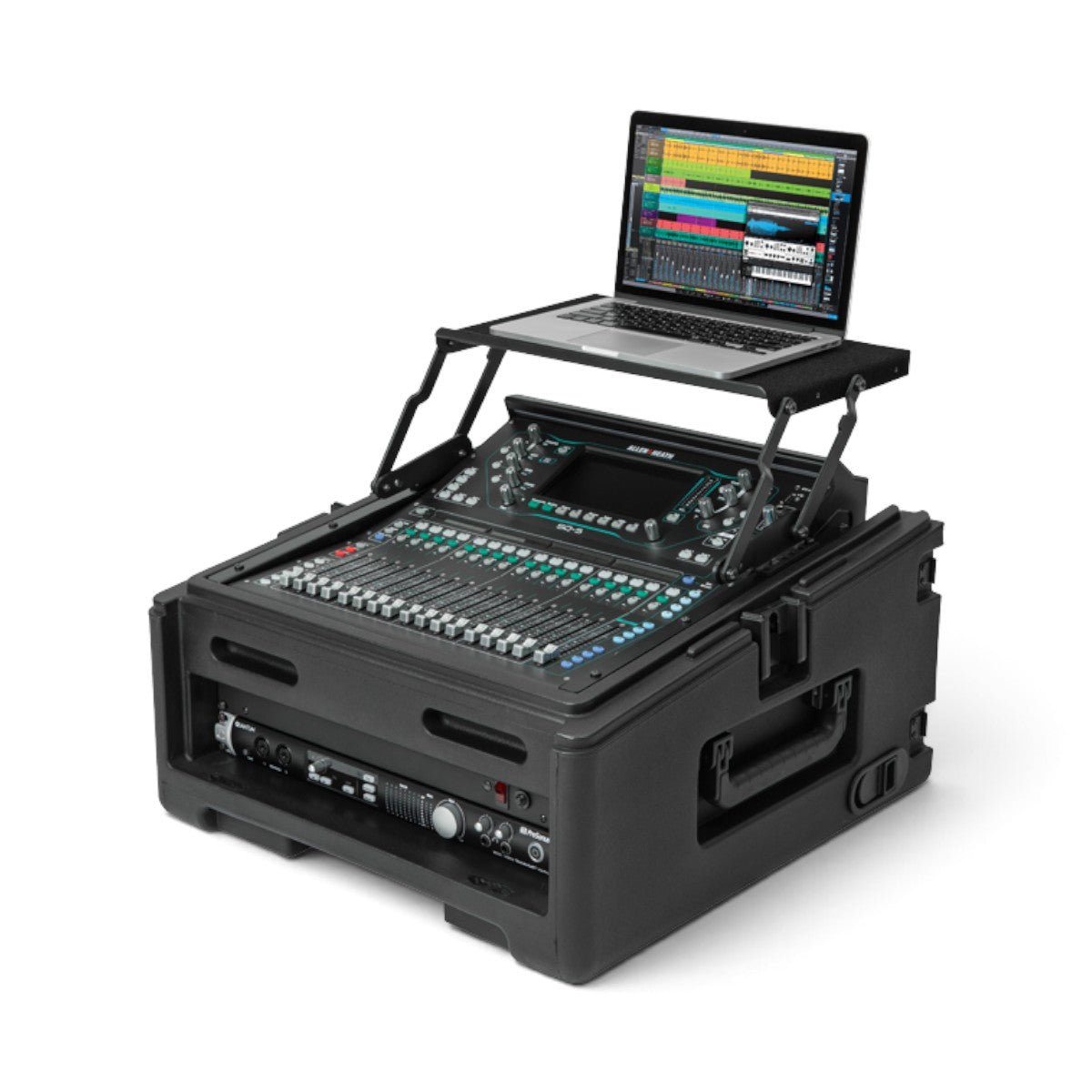 SKB Cases 10x2 compact rolling rig with a black injection-molded shell, rack rails, and a laptop stand attachment.