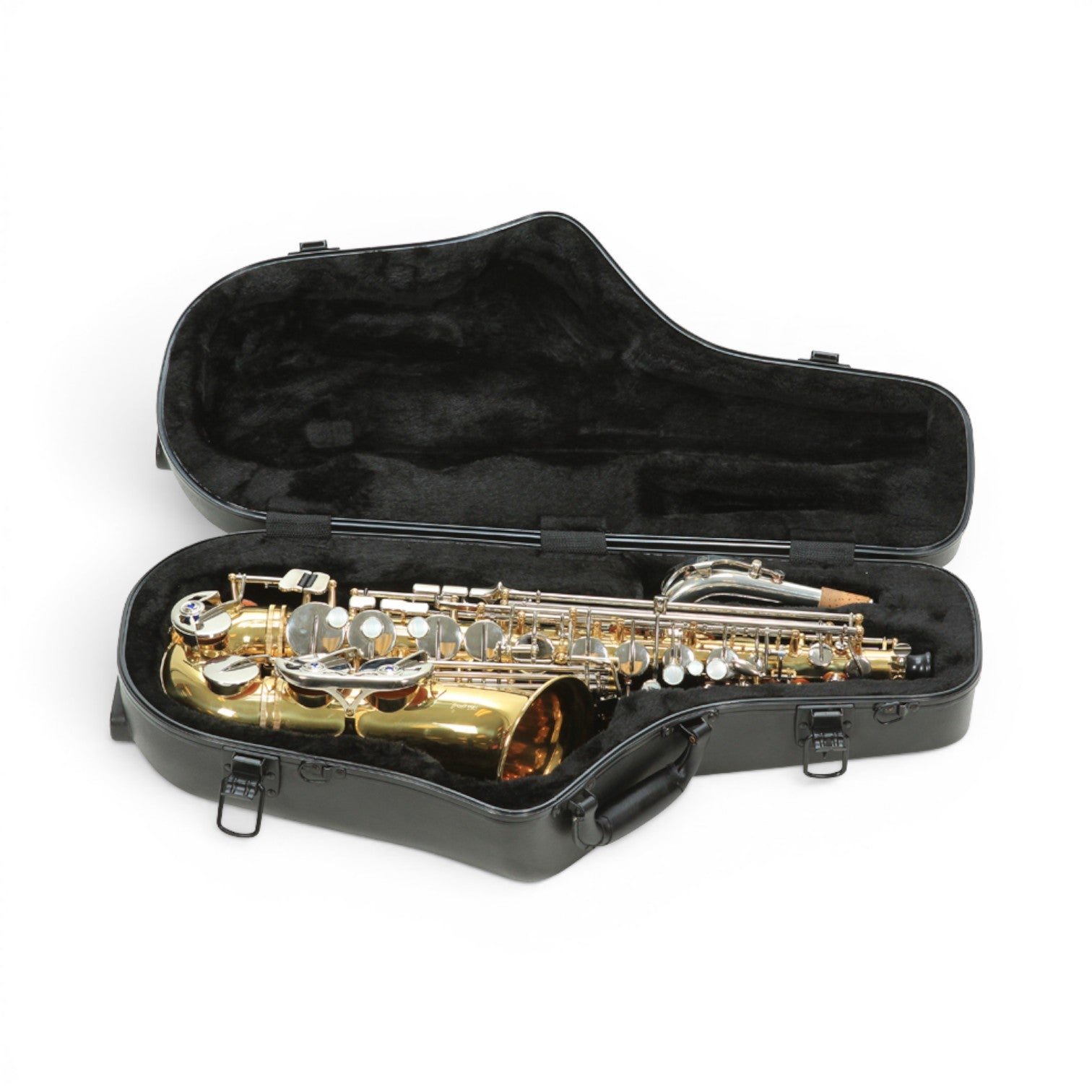 SKB Cases Contoured Pro Alto Sax case with black plush interior lining and gold alto saxophone stored inside