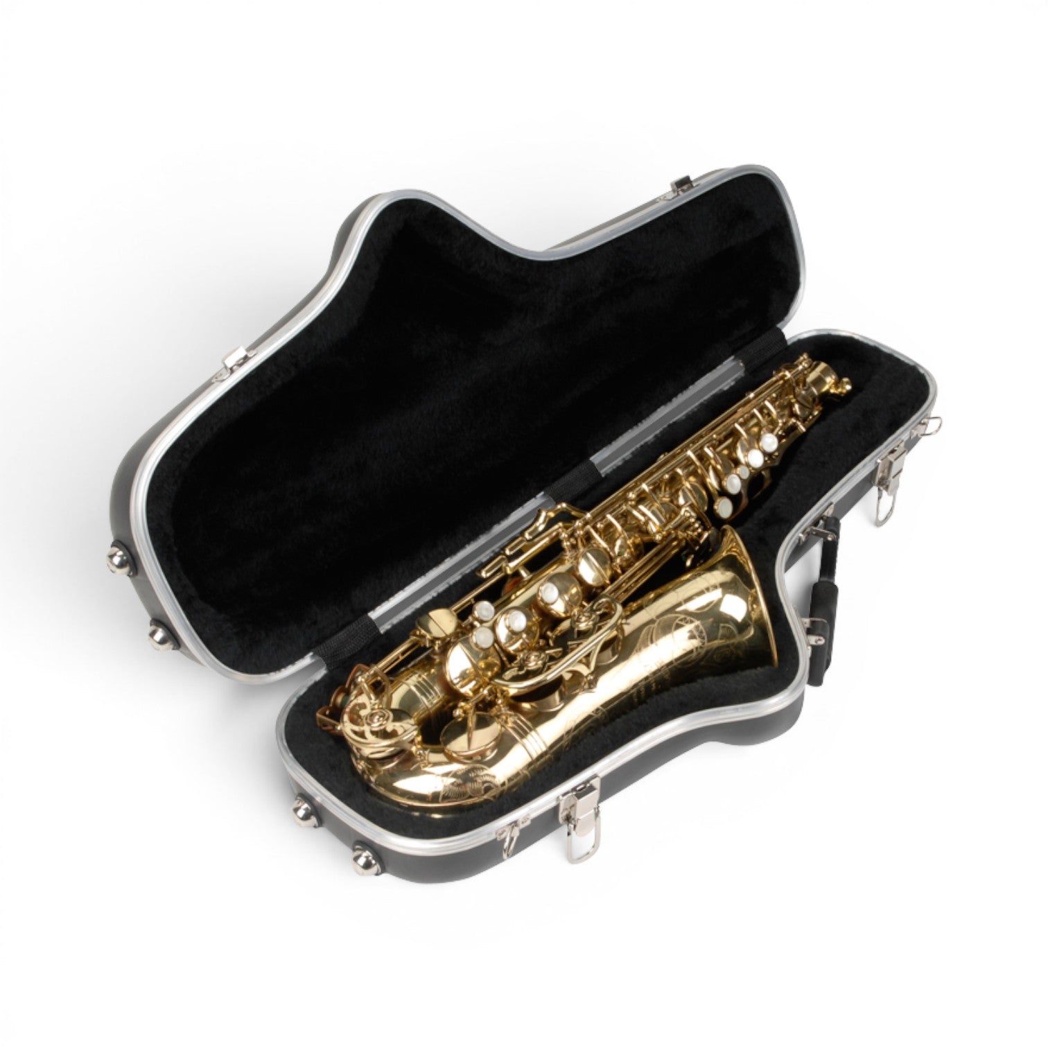 SKB Cases contoured alto saxophone hard case with black plush interior and gold brass saxophone inside