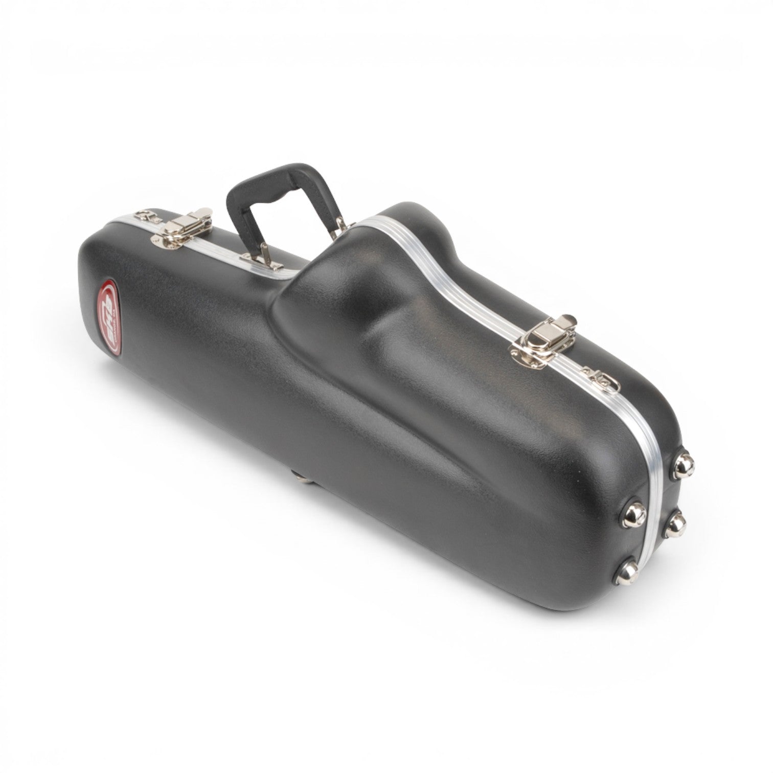 SKB Cases contoured black alto saxophone hard case with metal latches and protective feet on a white background