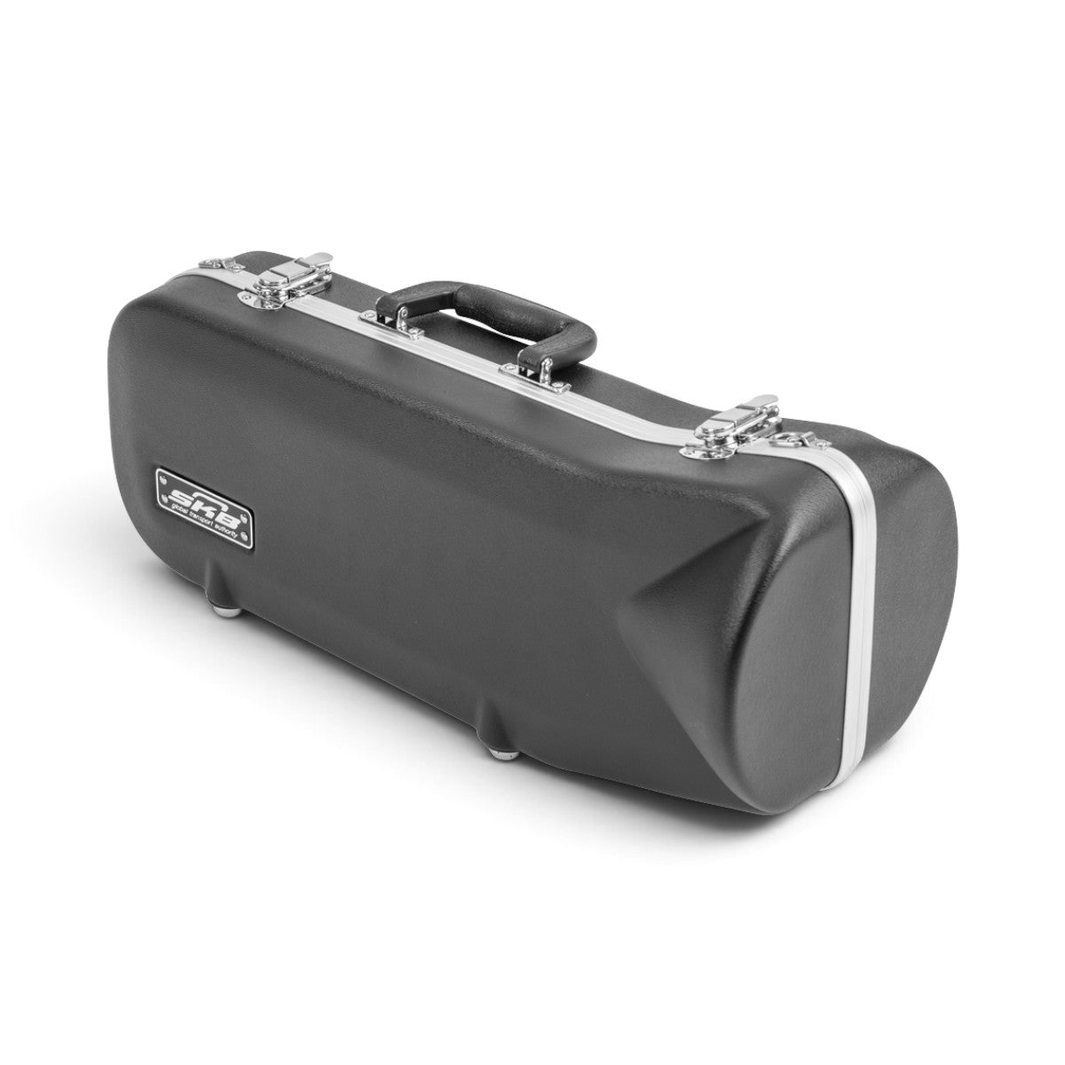 SKB Cases contoured trumpet case in black with durable hardshell exterior, chrome latches, and a sturdy handle.