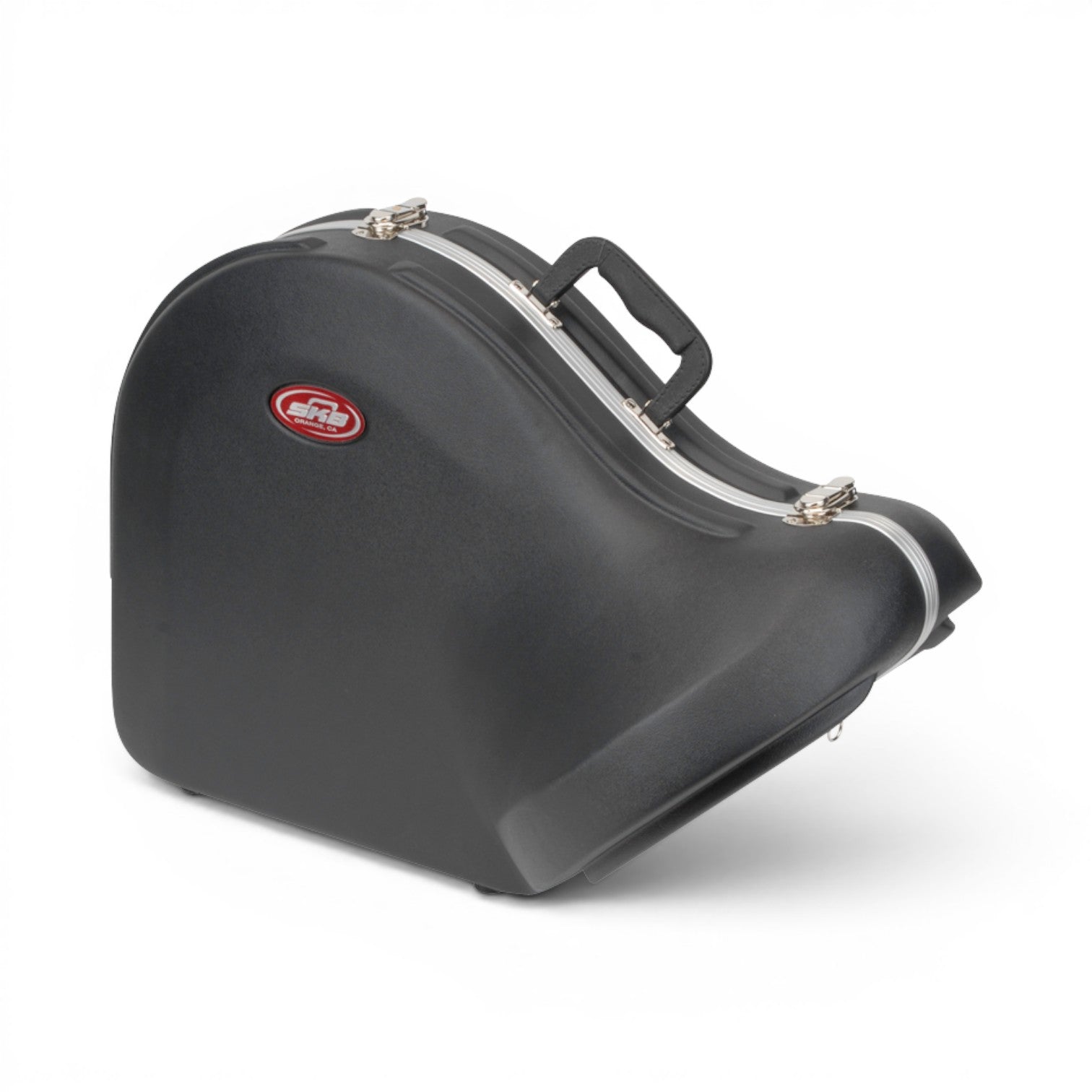 SKB Cases contoured black French horn case with durable hardshell exterior and metal latches.