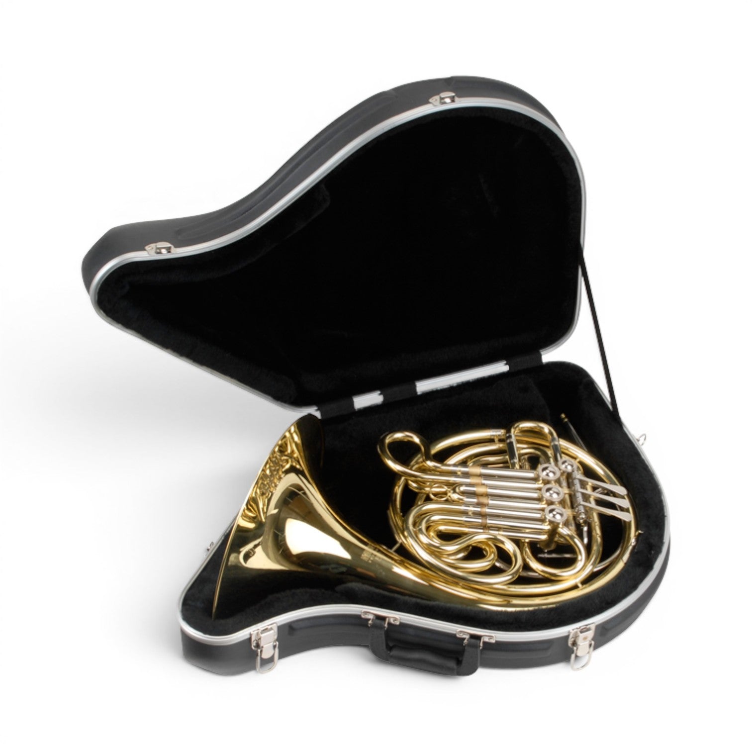 SKB Cases contoured French horn case in black with a gold double French horn stored inside on a white background.