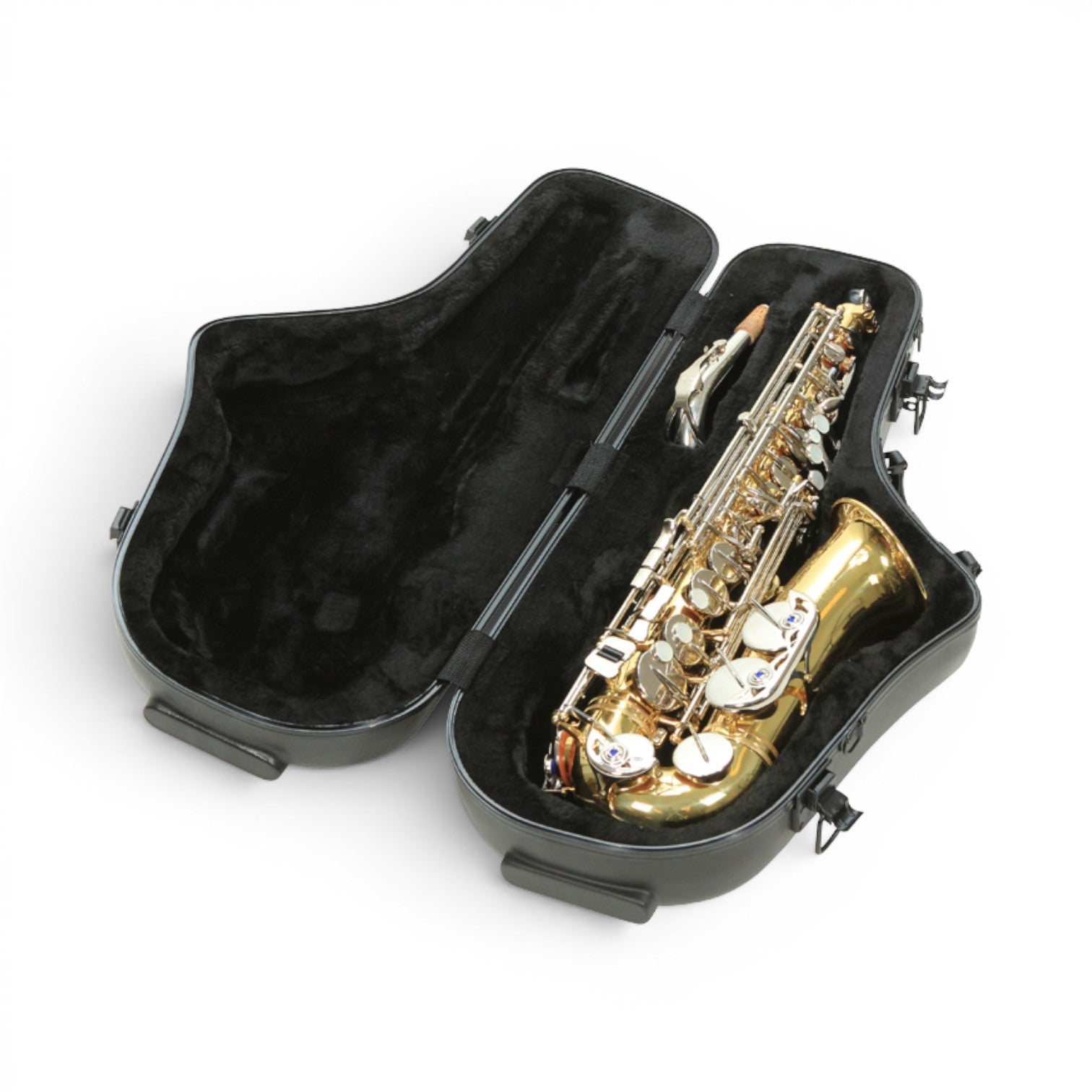 SKB Cases Contoured Pro Alto Sax case with black plush interior lining and gold alto saxophone inside