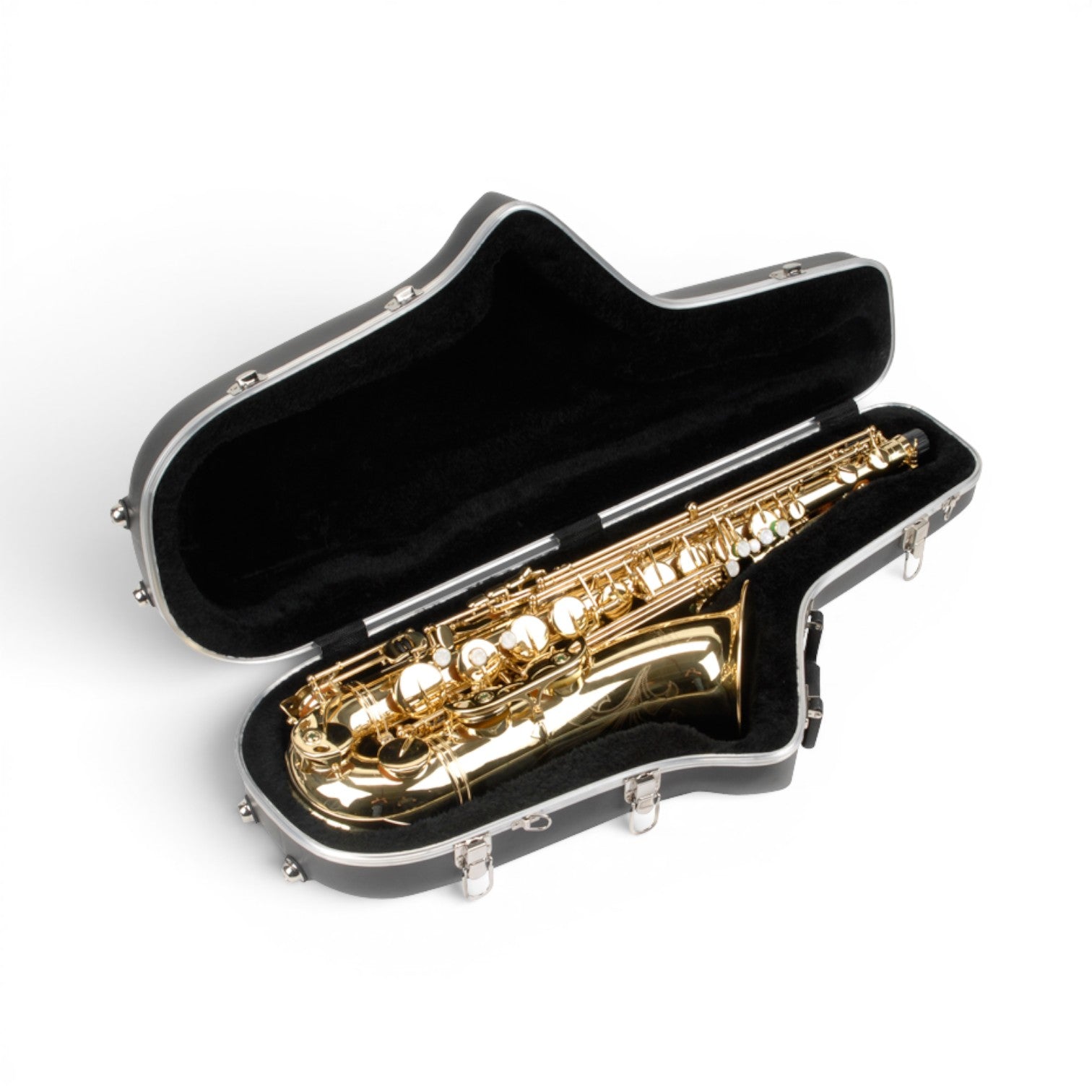 SKB Cases contoured tenor saxophone hard case with black plush interior and gold tenor saxophone inside