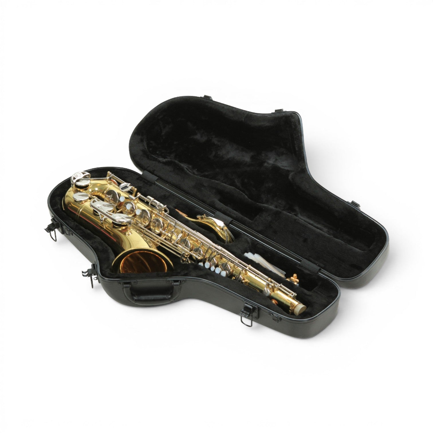 SKB Cases Contoured Pro Tenor Sax case in black with plush interior lining holding a gold tenor saxophone