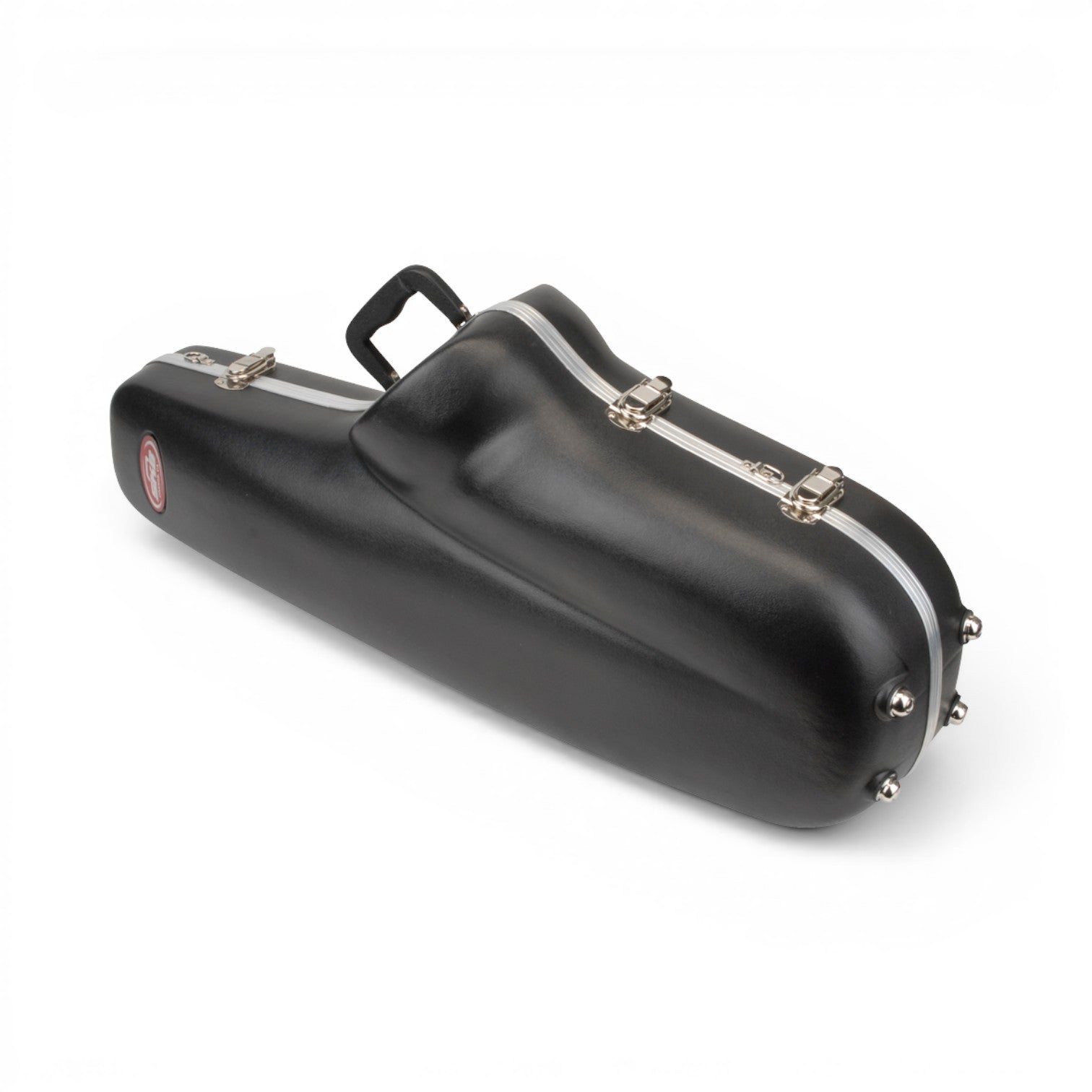 SKB Cases contoured tenor saxophone hard shell case in black with metal latches and protective feet.
