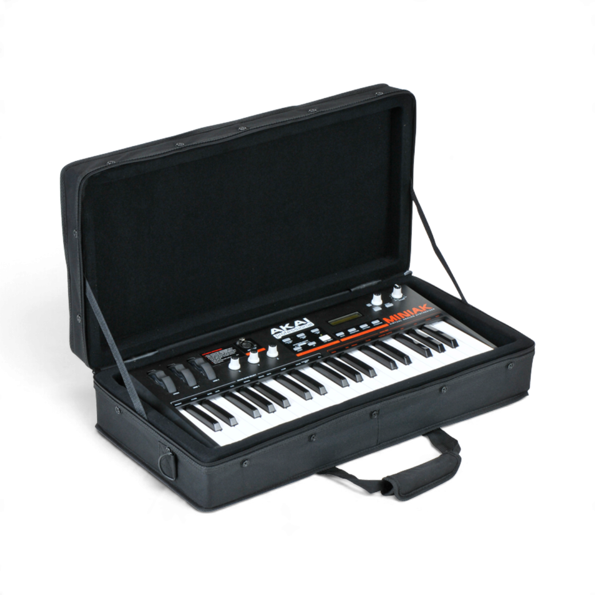 SKB Cases controller soft case with padded interior holding an Akai MINIAK synthesizer on a white background