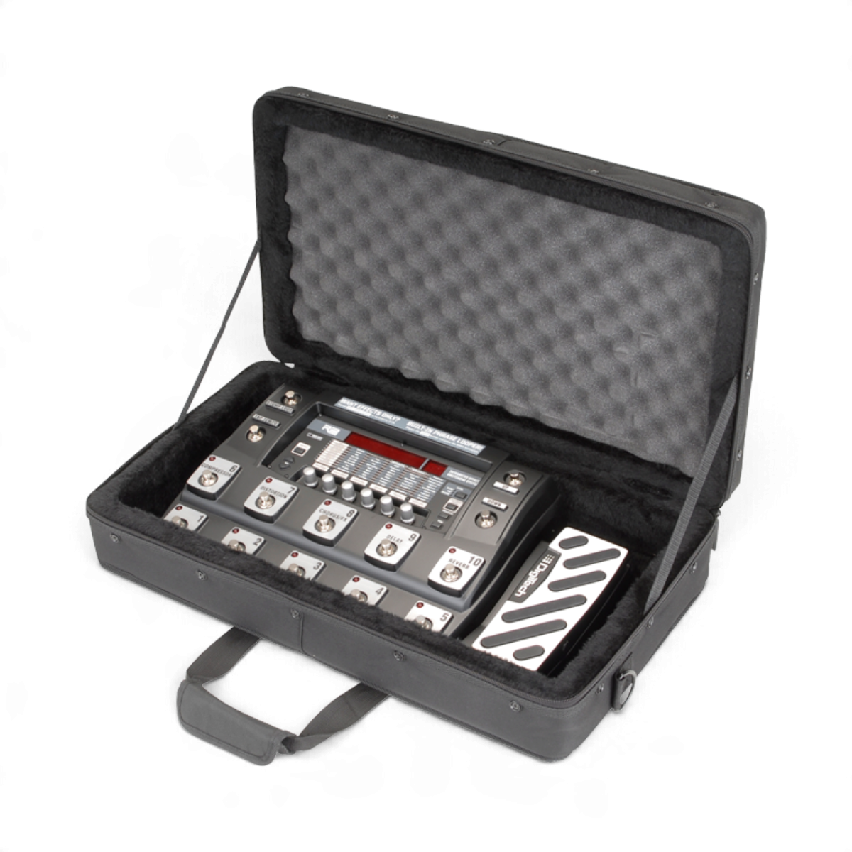 SKB Cases controller soft case with rigid EPS foam interior and convoluted lid foam holding a guitar effects pedal.