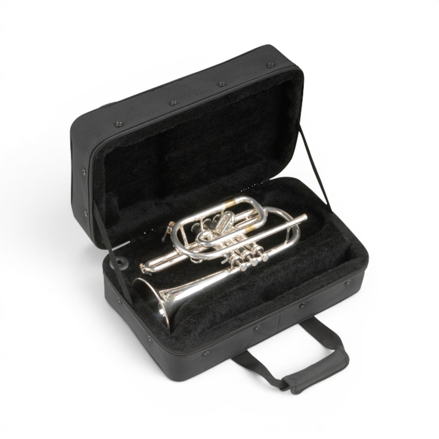 SKB Cases cornet soft case in black 600 Denier nylon with plush interior lining and silver cornet instrument inside