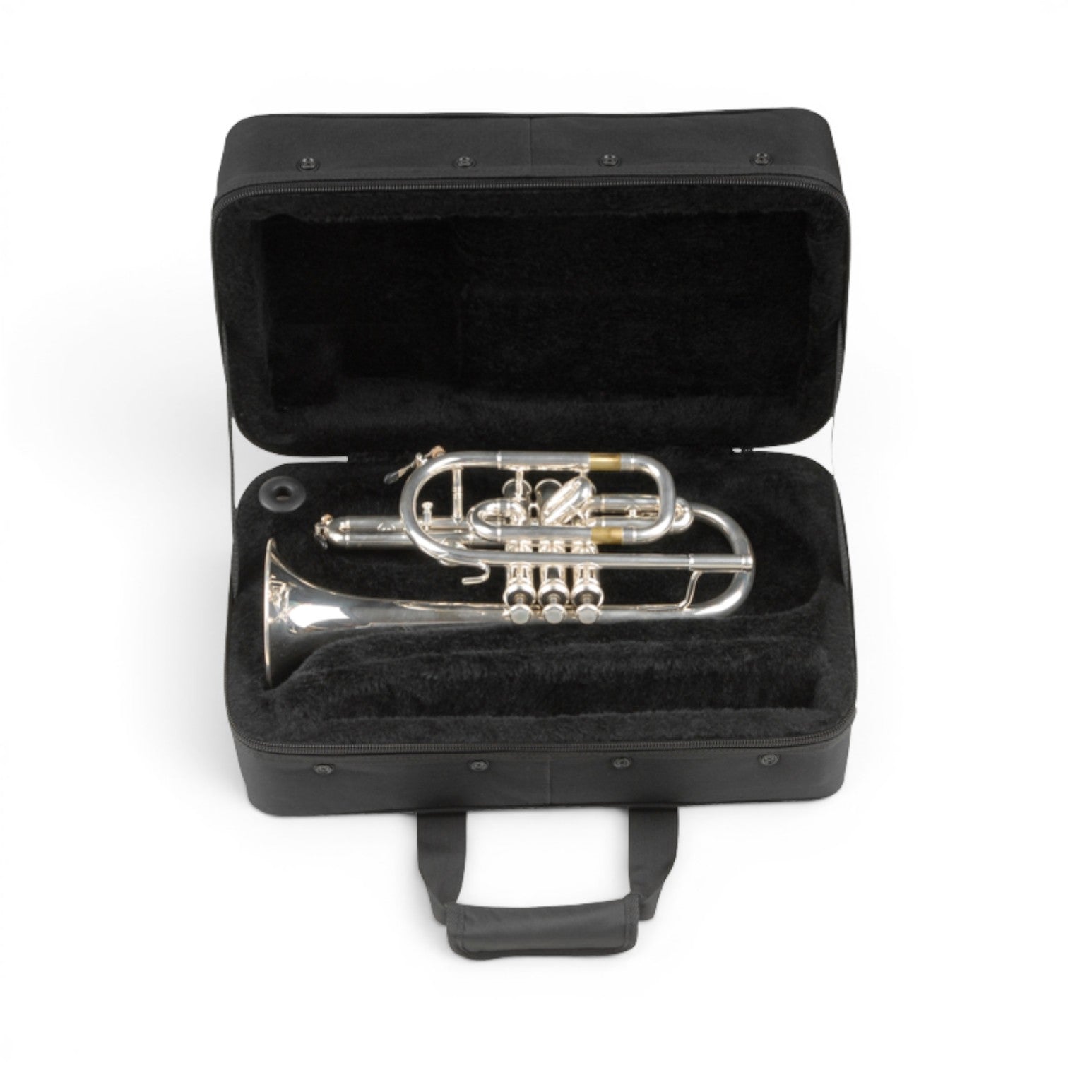 SKB Cases cornet soft case with durable black nylon exterior and plush lined interior holding a silver cornet.