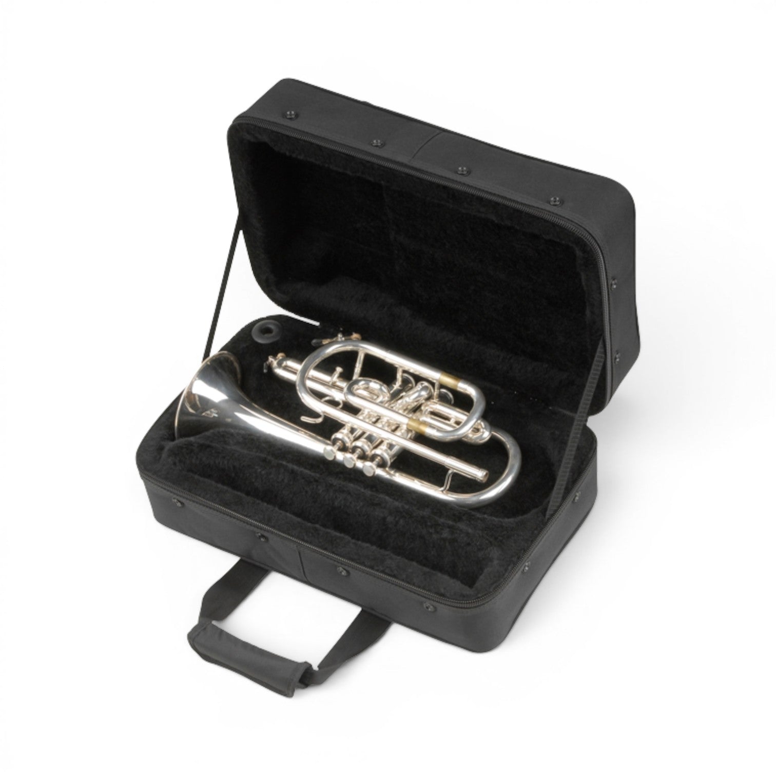 SKB Cases cornet soft case with durable black nylon exterior and plush interior holding a silver cornet instrument
