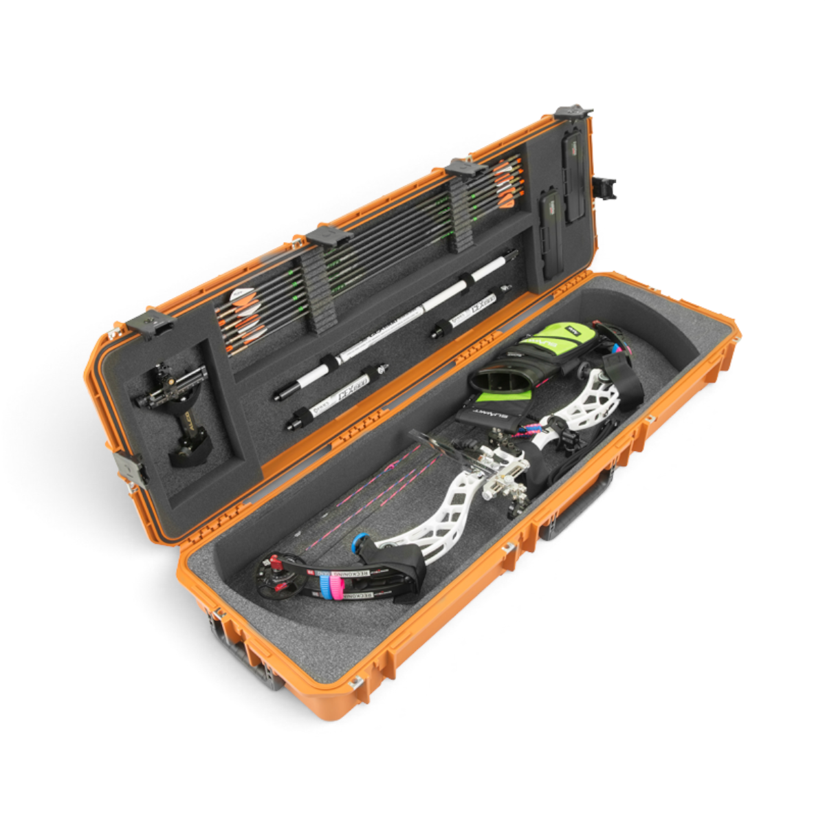 SKB Cases Pro Series coyote brown waterproof bow case open with compound bow, arrows, and archery accessories inside.