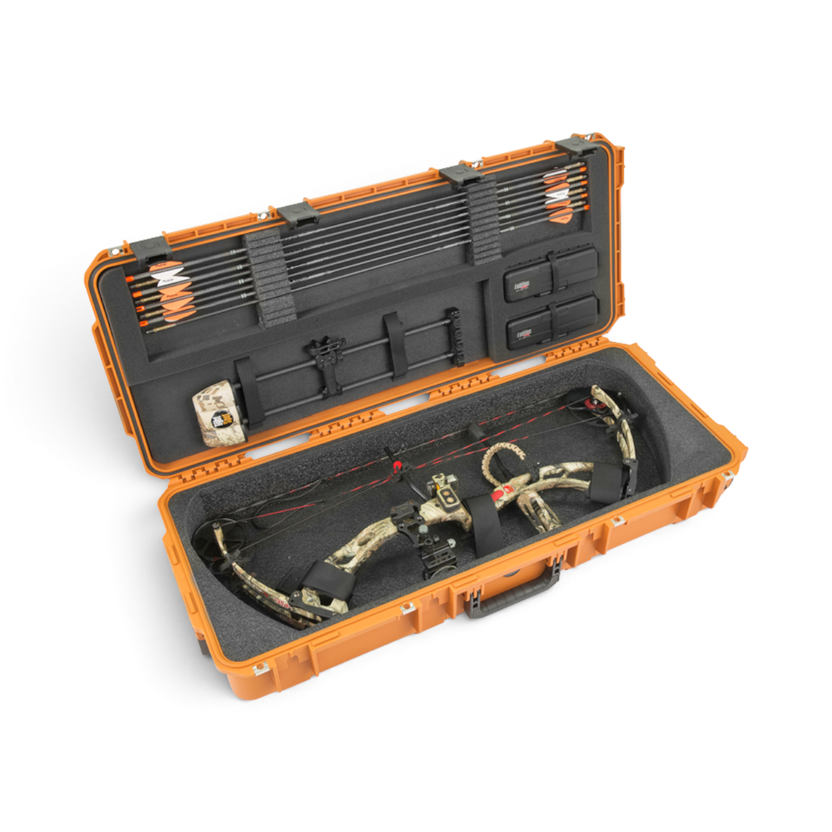 SKB Cases Pro Series small bow case in coyote brown with open lid showing foam interior, arrows, and compound bow