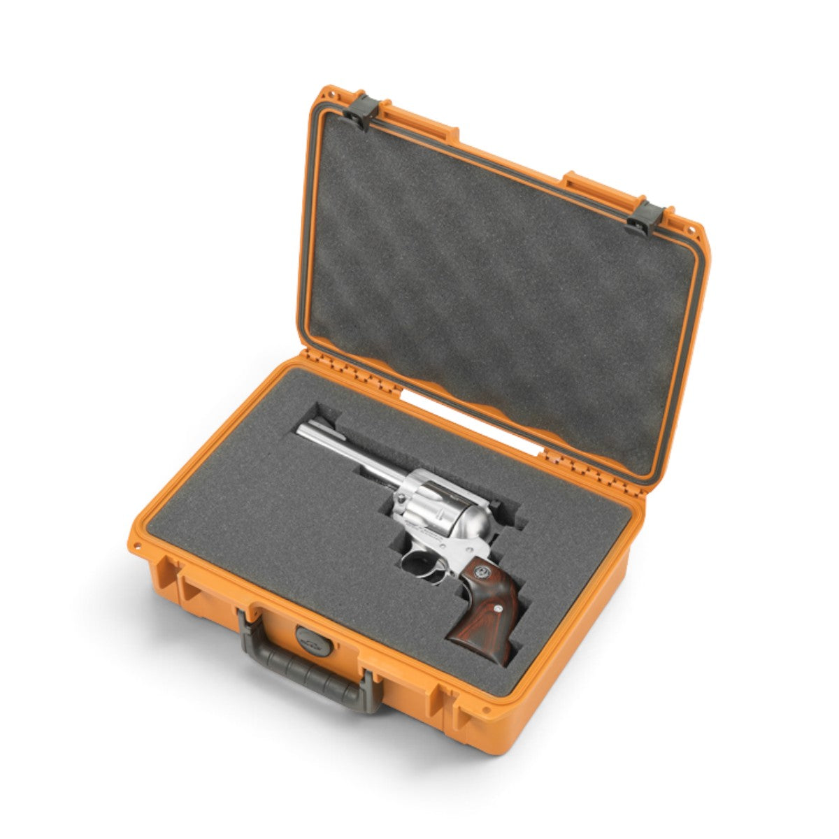 SKB Cases Pro Series coyote brown utility case with customizable pull and pluck foam holding a silver revolver