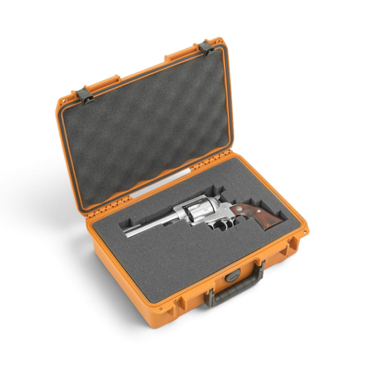 SKB Cases Pro Series coyote brown utility case with customizable foam interior holding a silver revolver handgun
