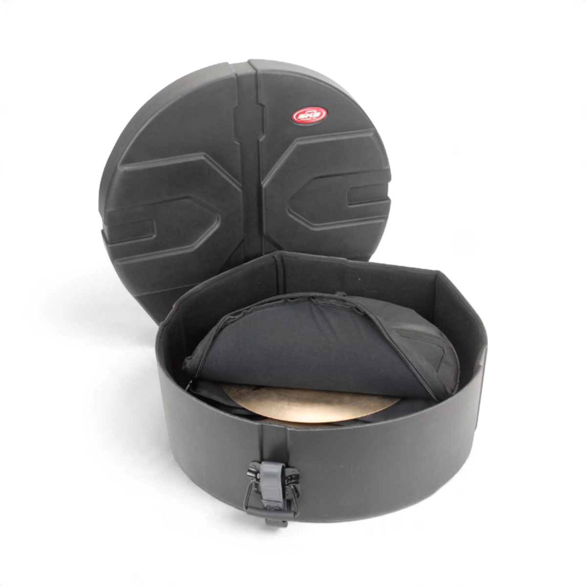 SKB Cases Cymbal Safe hard shell case with Roto-X pattern, open to reveal a cymbal inside with padded protection.