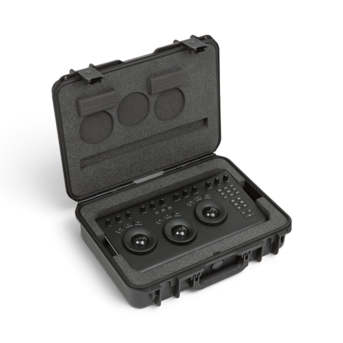 SKB Cases iSeries waterproof hard case with custom foam interior holding a Blackmagic Design DaVinci Resolve panel