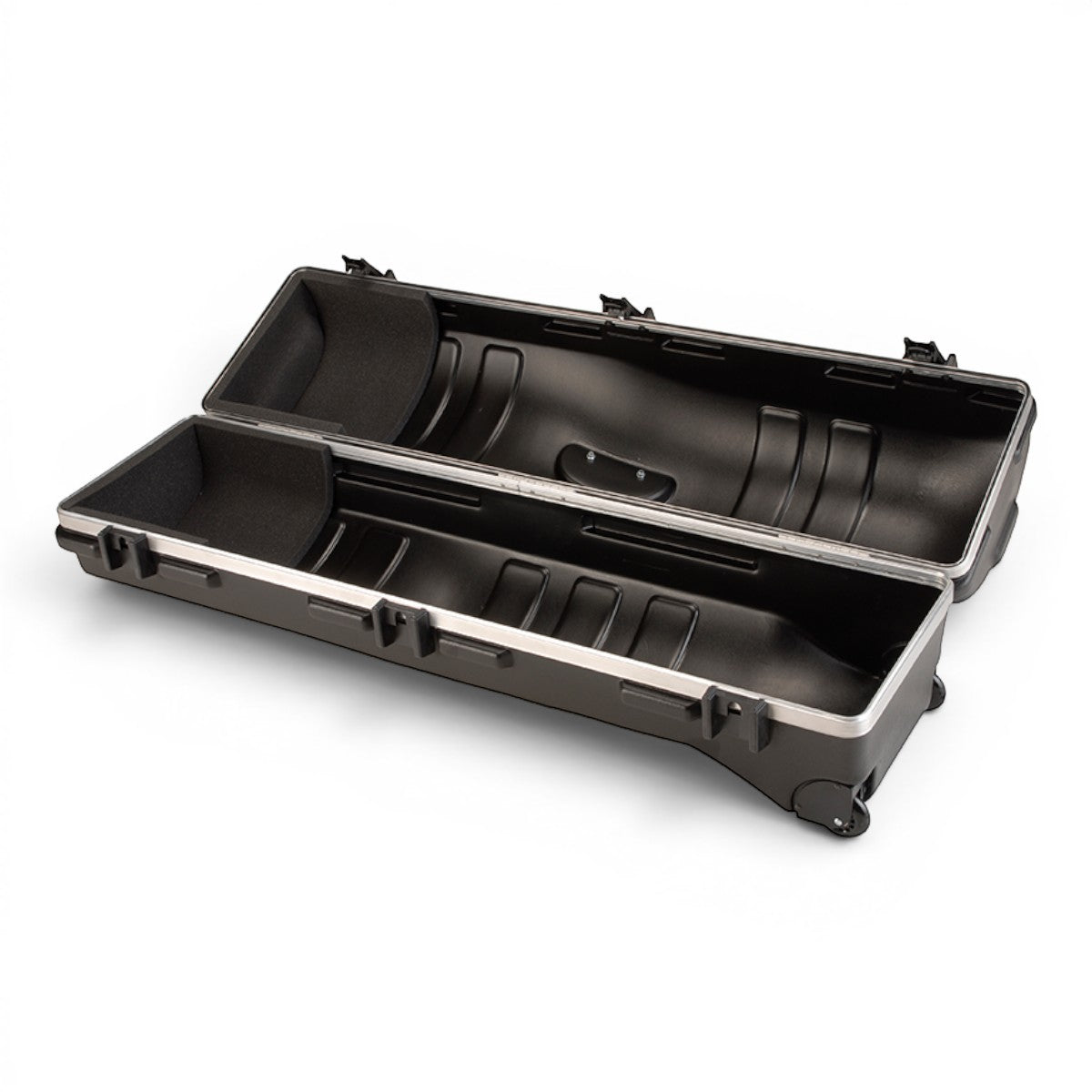 SKB Cases Deluxe ATA golf travel case in black with TSA-accessible latches and wheels, shown open.