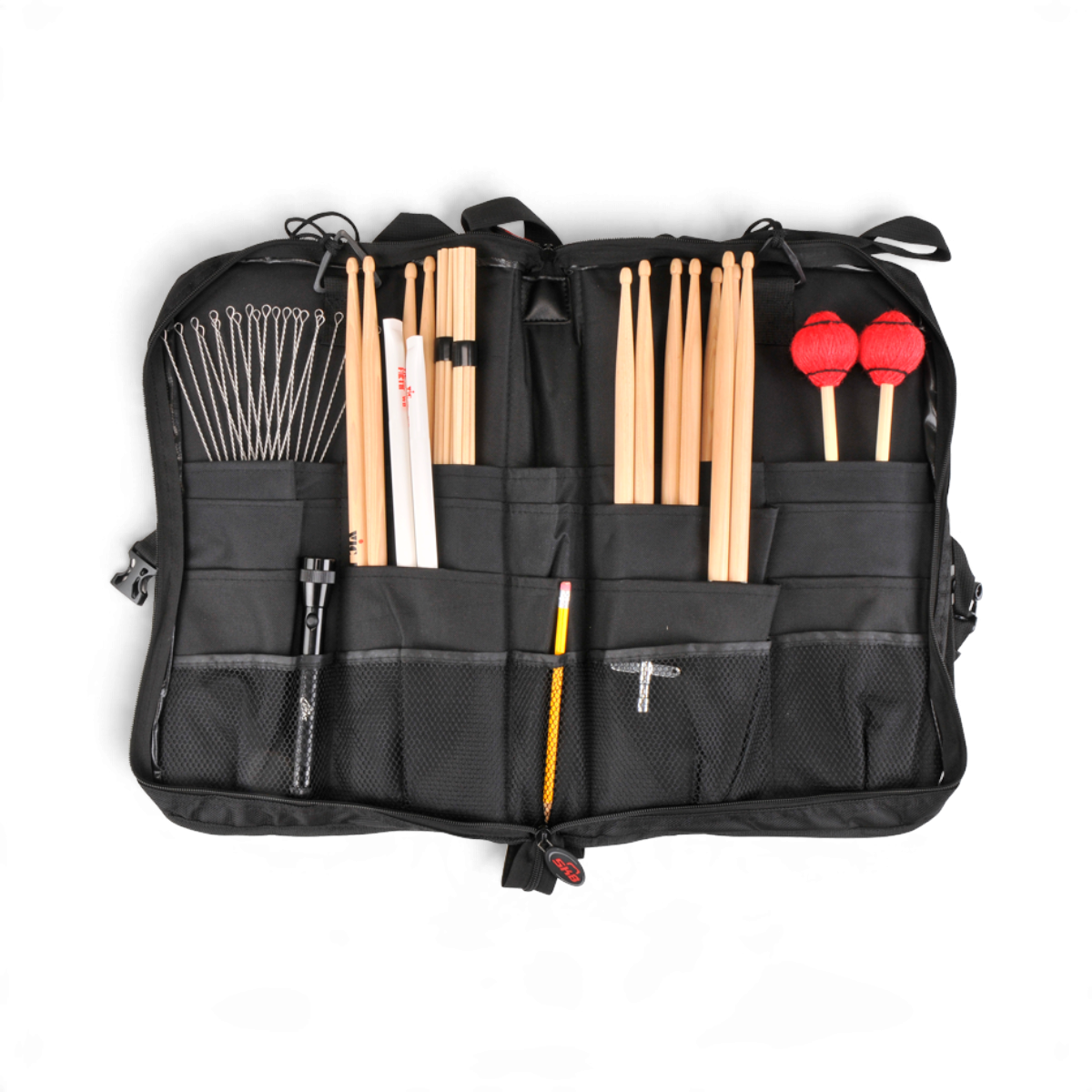 SKB Cases Deluxe Stick Gig Bag in black nylon with multiple pockets holding drum sticks, mallets, and brushes.